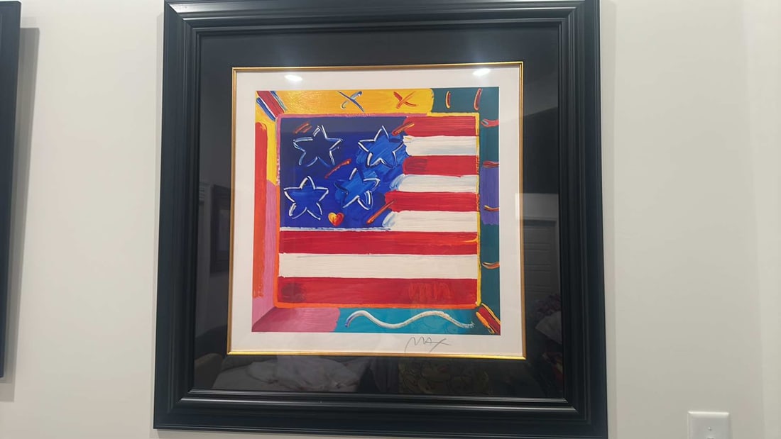 Peter Max "Flag with Heart": Peter Max "Flag with Heart" 2015 20" x 20" image size Serigraph in color on wove paper. Hand-signed by the artist in pencil lower right margin and numbered in Arabic, lower left. Gallery framed,