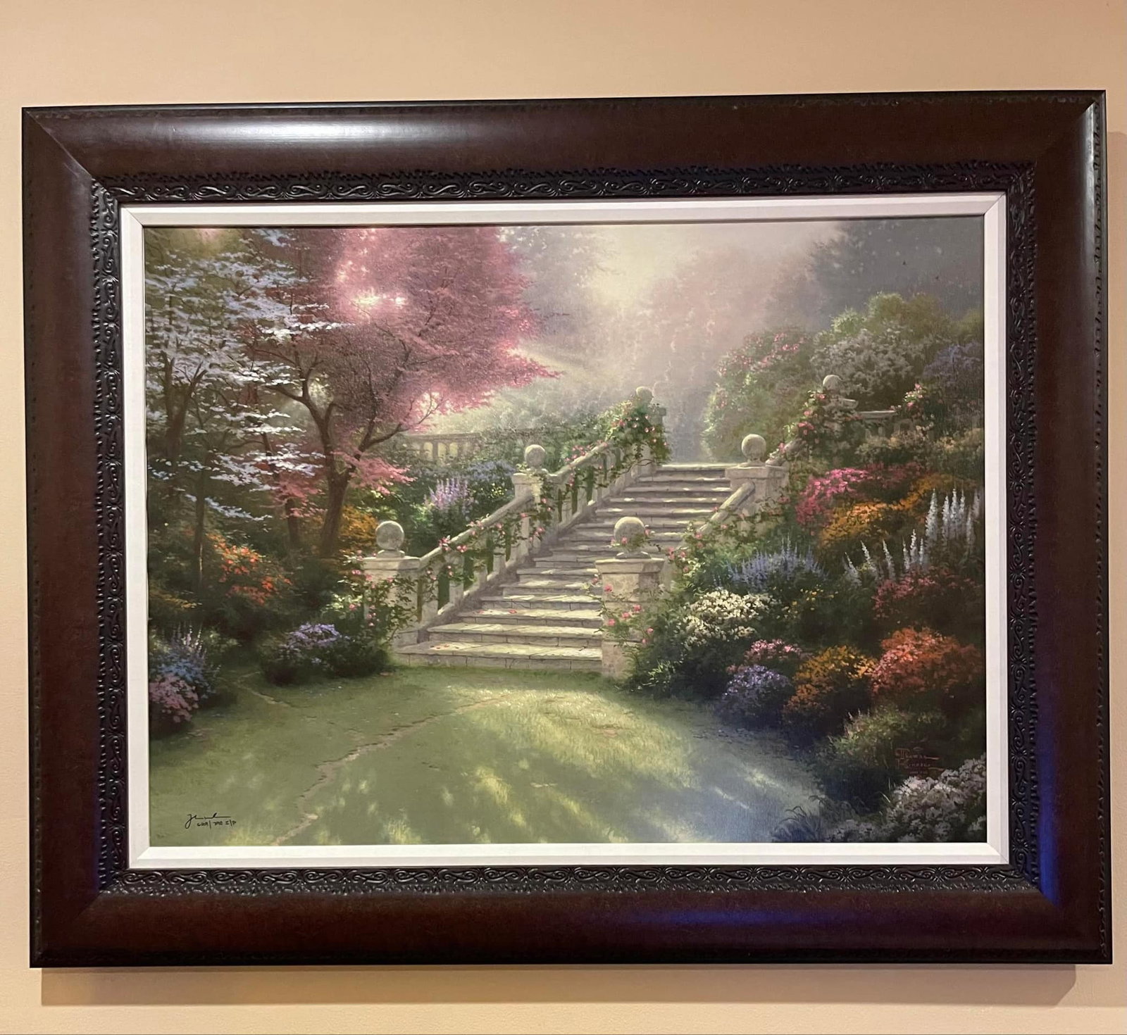 Thomas Kinkade "Stairway to Paradise": Thomas Kinkade, "Stairway to Paradise" 1998 25 1/2" x 34" image size, Giclee in color with acrylic hand embellishment on canvas. Signed with the artist's authorized signature applied through the