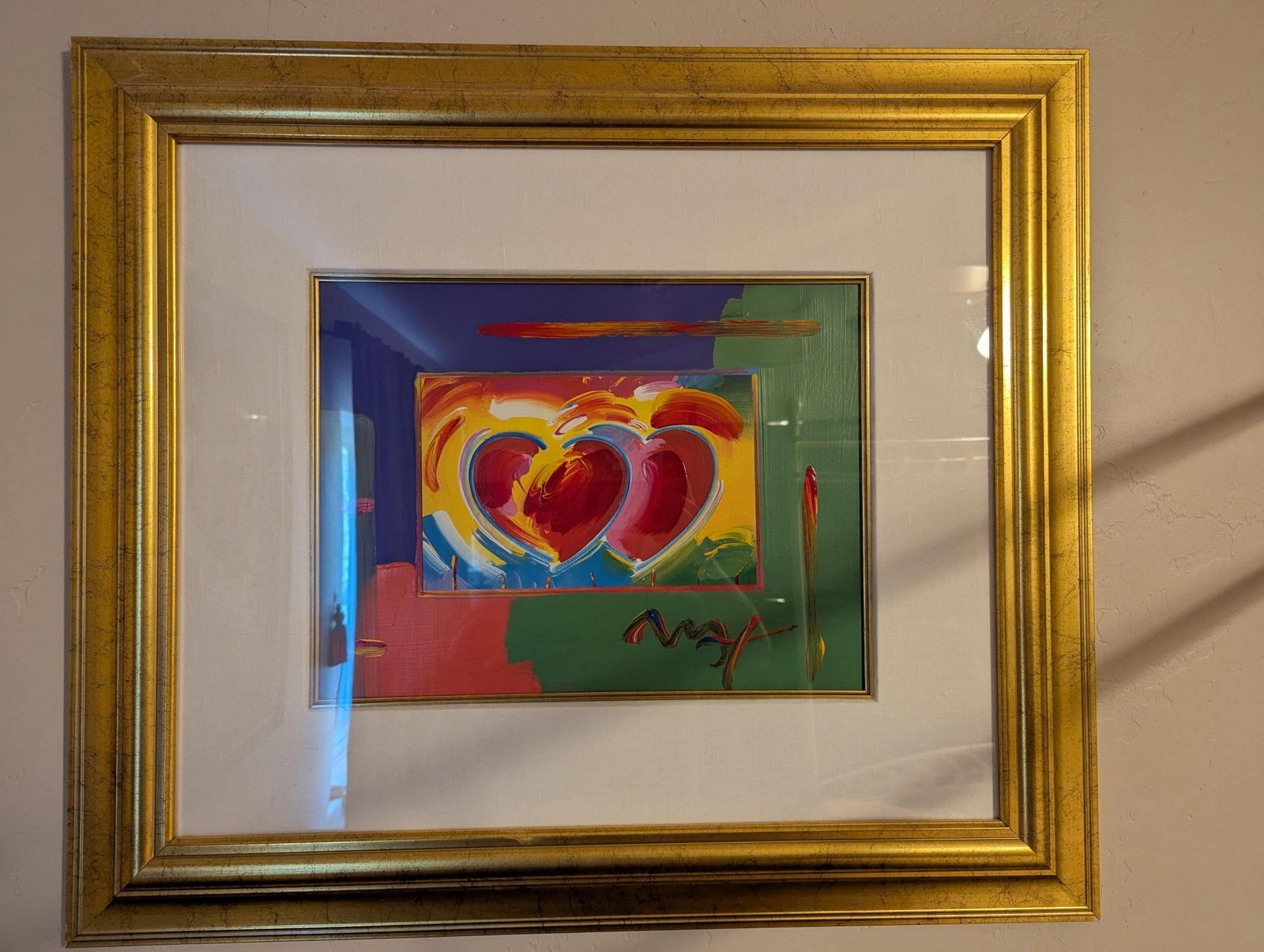 Peter Max 'Two Hearts on Blends": Peter Max "Two Hearts on Blends" Harmony and Love Suite 2006 13" x 17" image size mixed media painting with acrylic and color lithography on paper. Signed in acrylic. A unique variation. Gallery frame