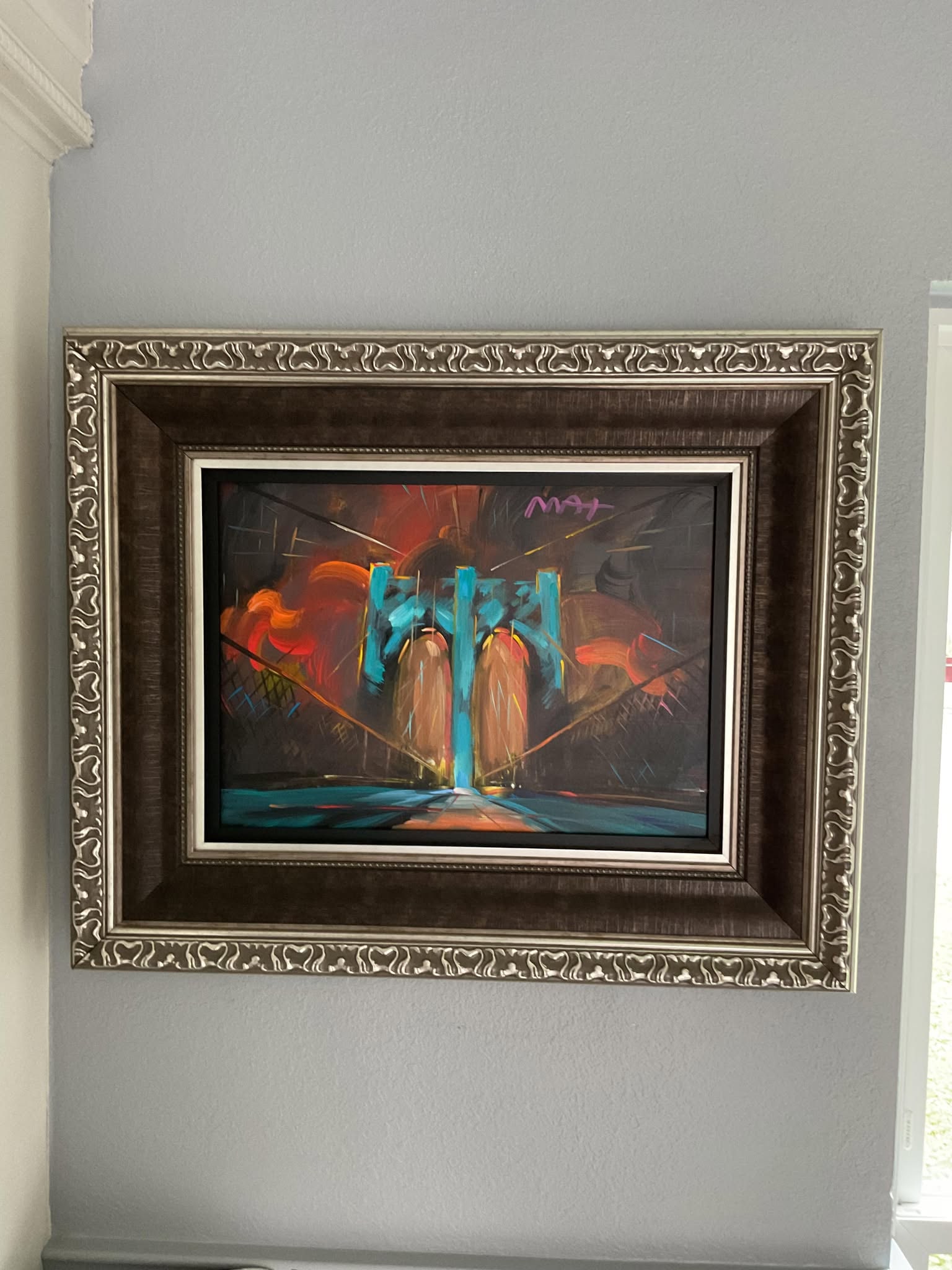 Peter Max "Brooklyn Bridge 1 ver #361": Peter Max "Brooklyn Bridge I ver #361" 2017 16" x 22 1/2" image size mixed media painting on canvas. Hand-signed in pigment upper right by the artist. A Unique work. Gallery framed, appraisal