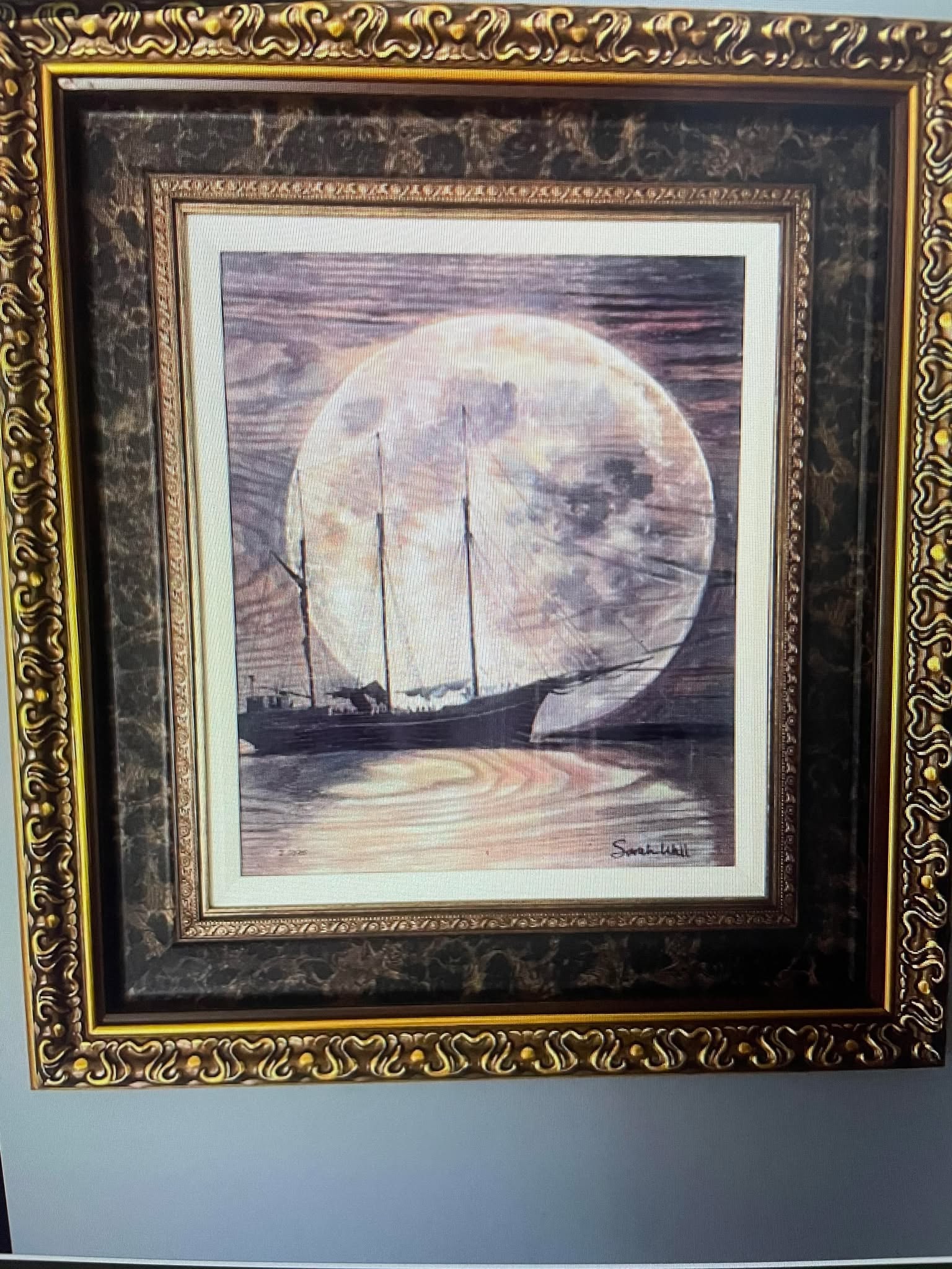 Sarah Wall "Moon Lit": Sarah Wall "Moon Lit" 2022 18 7/8" x 15 3/4" image size caldograph (digital multiple through dye-sublimation on wood) Hand-signed by the artist. Gallery framed, COA, Appraisal