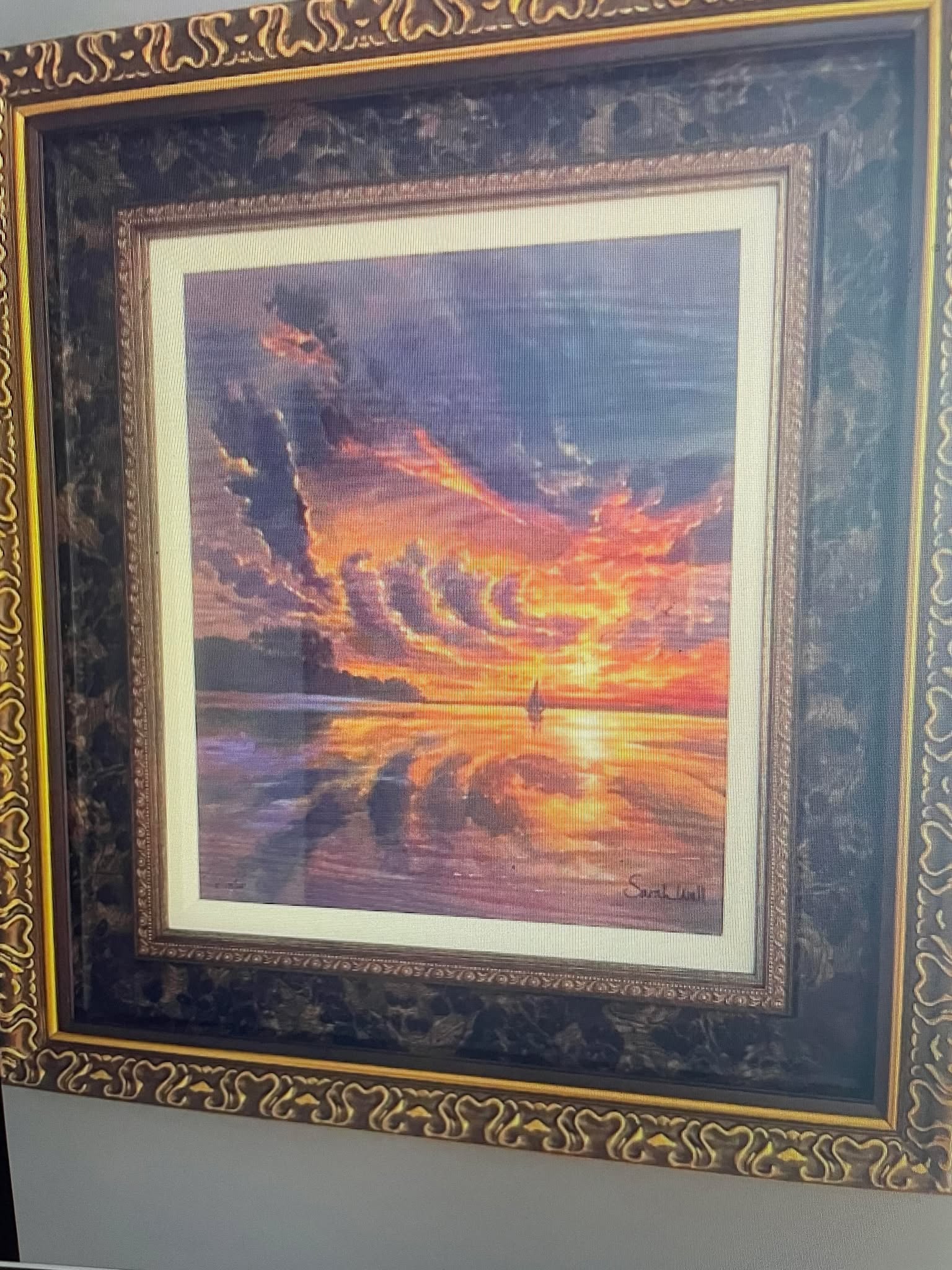 Sarah Wall "Enchanting Sunset": Sarah Wall "Enchanting Sunset" 2022 19" X 15 7/8" IMAGE SIZE Caldograph (digital multiple through dye-sublimation on wood) hand-signed by the artist. Gallery framed, COA, Appraisal