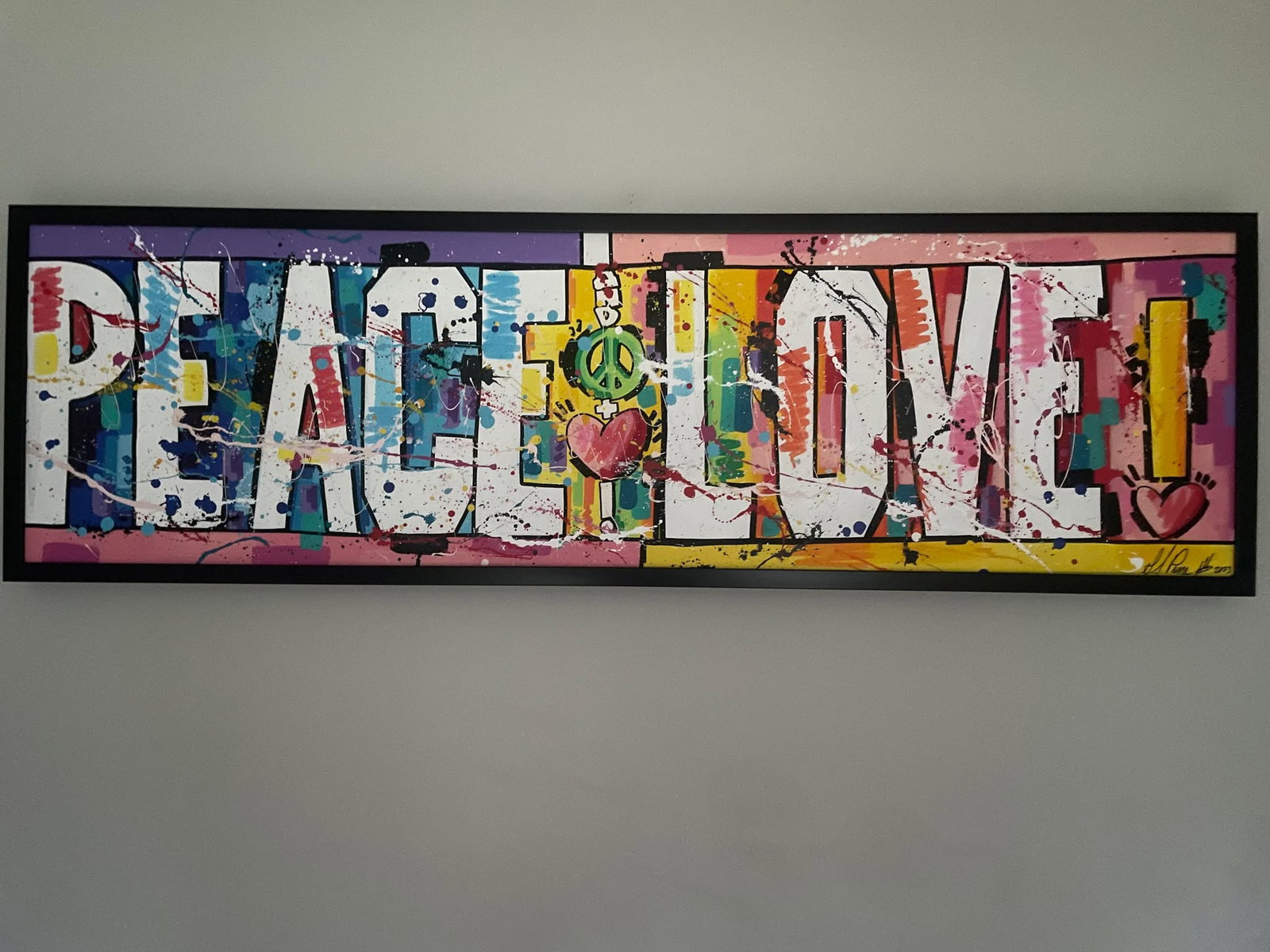 King Redd "Peace & Love": King Redd "Peace & Love" 2023 18" x 63" image size Acrylic painting on canvas. Hand signed in pigment lower right by the artist. A Unique work. Gallery framed, COA, Appraisal