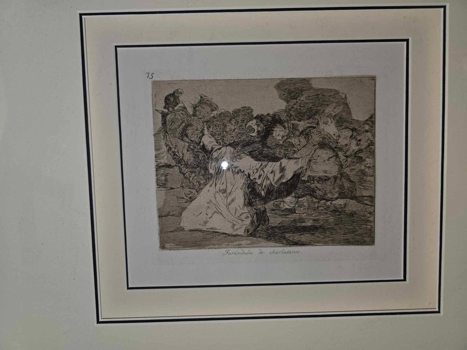 Francisco Goya "Farandula de Charlatanes" (Charlatan's show): Francisco Goya "Farandula de Charlatanes" (Charlatan's Show" c. 1810-1820 7/01" x 8 3/8" image size etching, aquaitint or lavis, drypoint and burin on wove paper. Gallery framed, COA, Appraisal