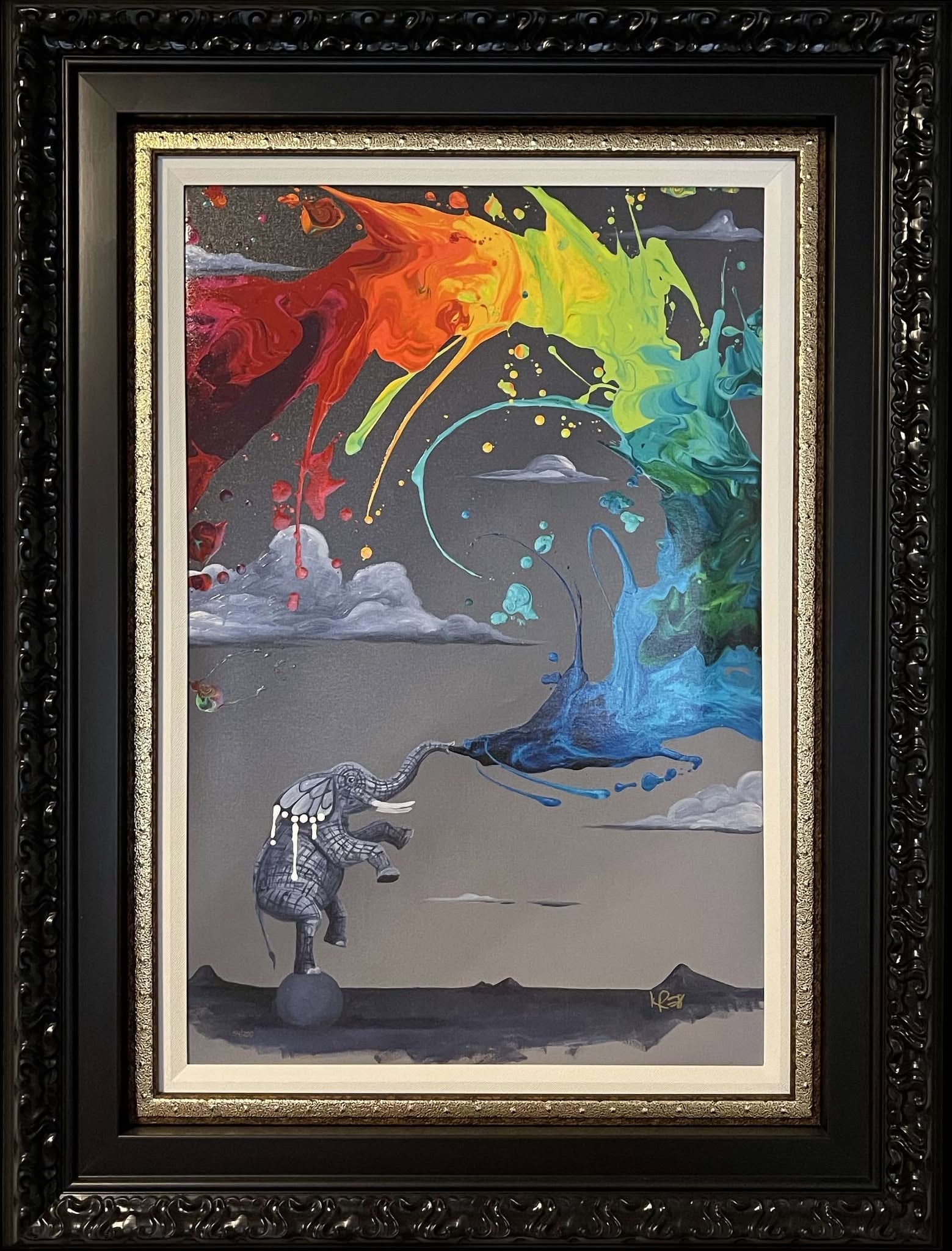 Ker8 "Elegant Balance": Kre8 "Elegant Balance" 2021 27 5/8" x 18 3/8" Giclee in color with hand-embellishment on canvas. Hand-signed by the artist. Gallery framed, COA, appraisal