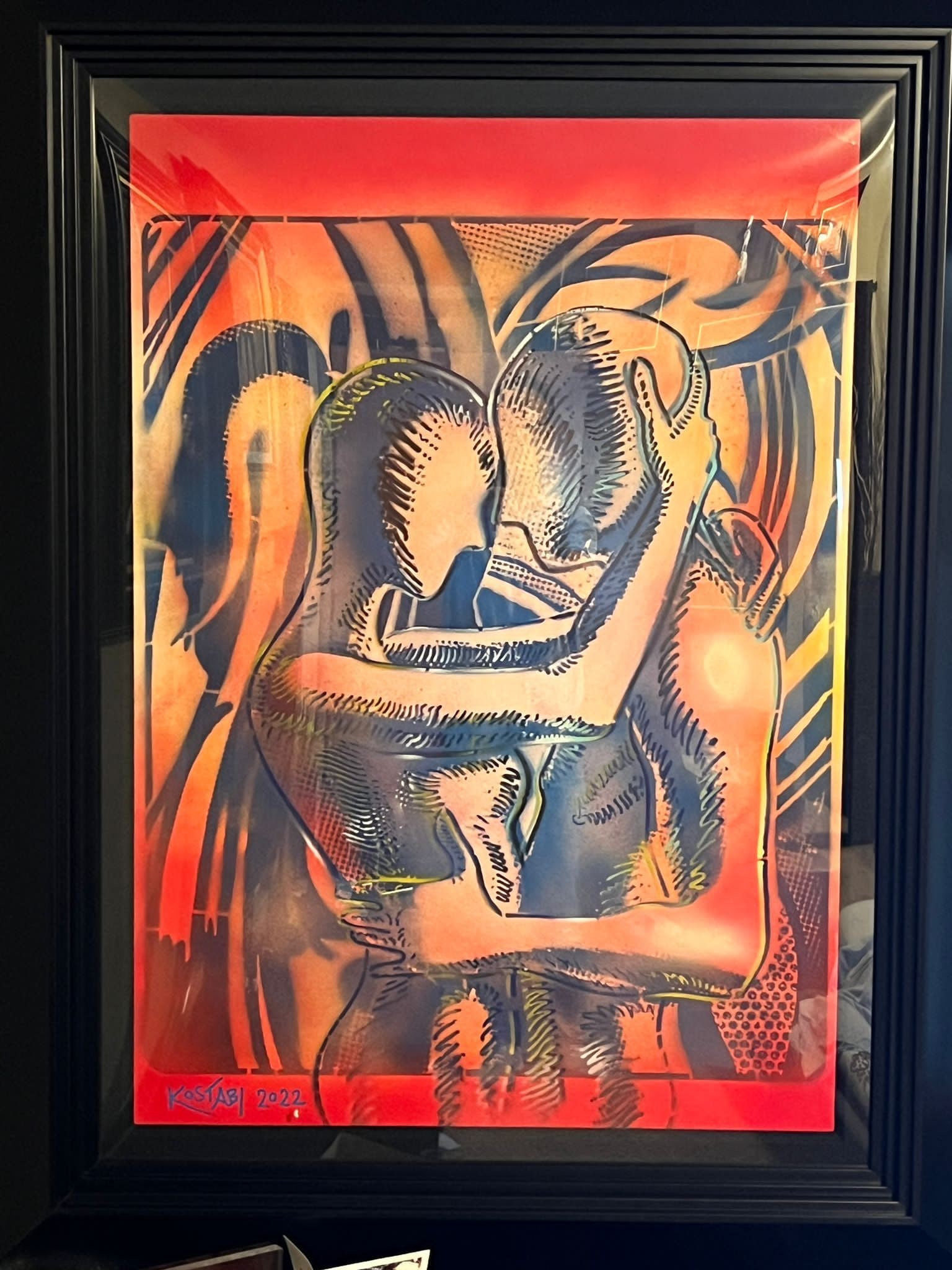 Mark Kostabi "That Undeniable Visceral Sense" Original: Mark Kostabi "That Unedniable Visceral Sense" Original 2022 41 5/8" x 29 7/16" image size Painting on paper, hand signed in pigment lower left by the artist. Signed and titled on the verso. A Unique w