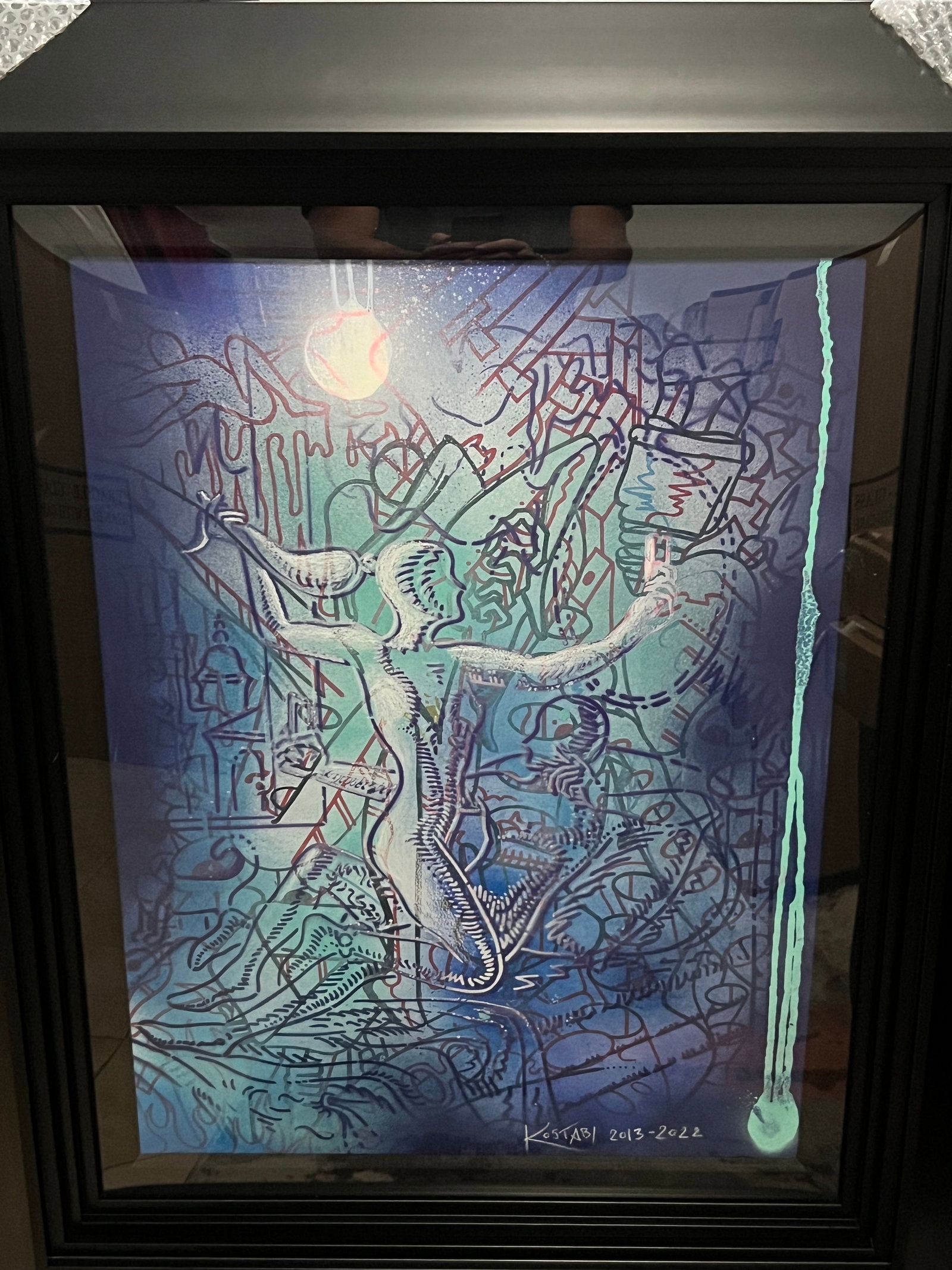 Mark Kostabi "Moonlight Selfie" Unique: Mark Kostabi "Moonlight Selfie" Unique 2013-2022 30 1/4" x 22 3/4" image size Painting on paper, hand signed in pigment lower right by the artist signed dated and titled on the verso, a unique work. G