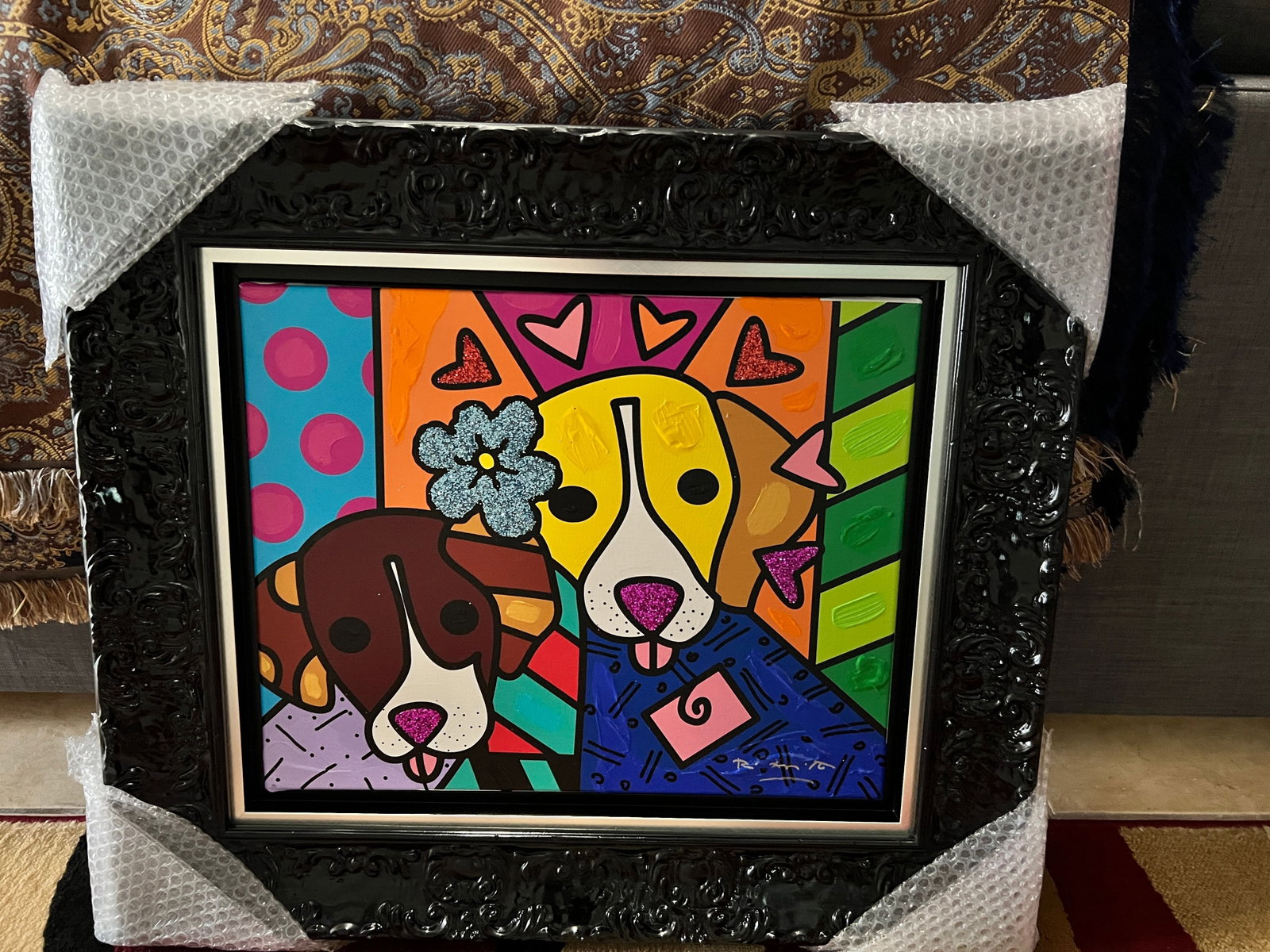 Romero Britto "Duke & Grace Magenta VIII" Unique: Romero Britto "Duke & Grave Magenta VIII" 2019 16" x 20" image size Mixed media and acrylic painting, oil pen drawing and diamond dust on canvas. Hand signed in pigment lower right by the artist. Sugn