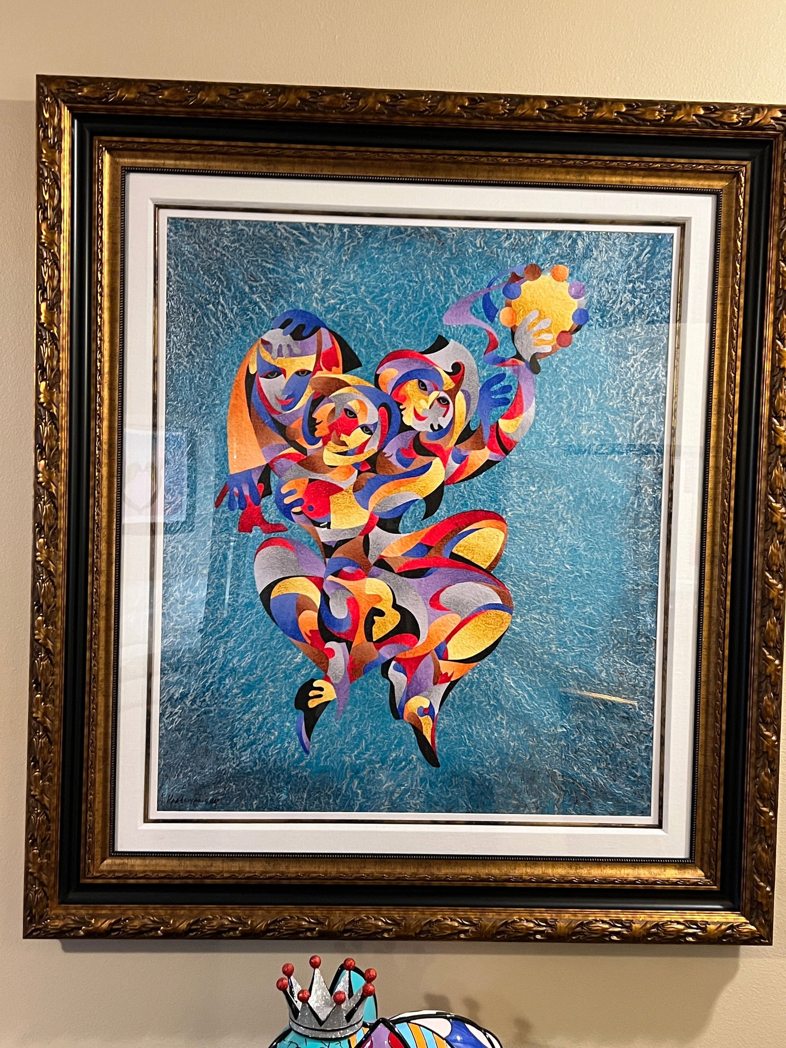 Anatole Krasnyanski "Tambourine Twosome" Unique: Anatole Krasnyanski "Tambourine Twosome" Unique 2007 56" x 51" framed Acrylic and watercolor painting on handmade Japanese rice paper. Signed in ink lower left. A Unique work. Gallery framed, COA, App