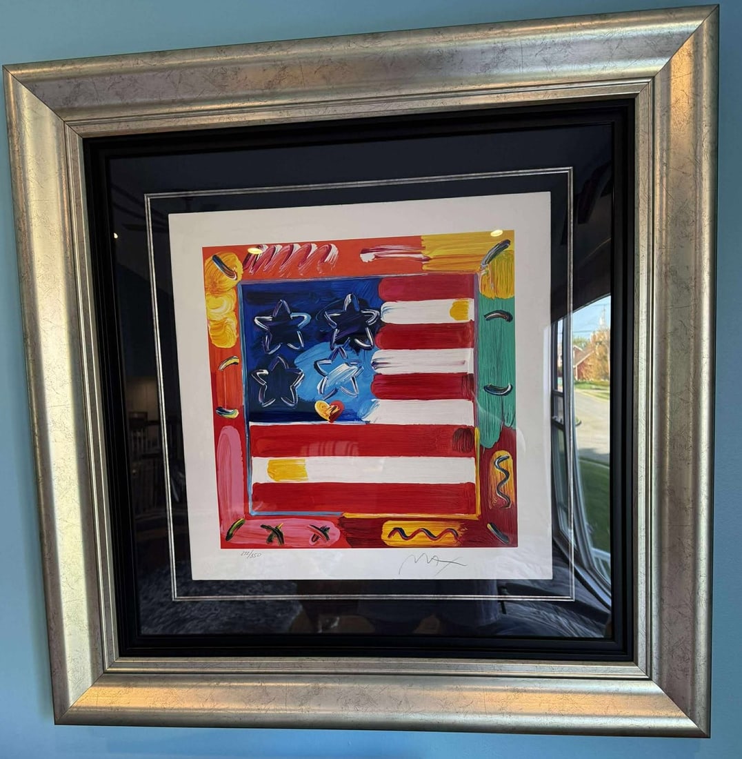 Peter Max "Flag with Hearts": Peter Max "Flag with Hearts" 2015 16" x 16" image size serigraph in color on wove paper from the Peter Max Studio. Hand-signed by Peter Max in pencil lower right margin and numbered in Arabic, lower
