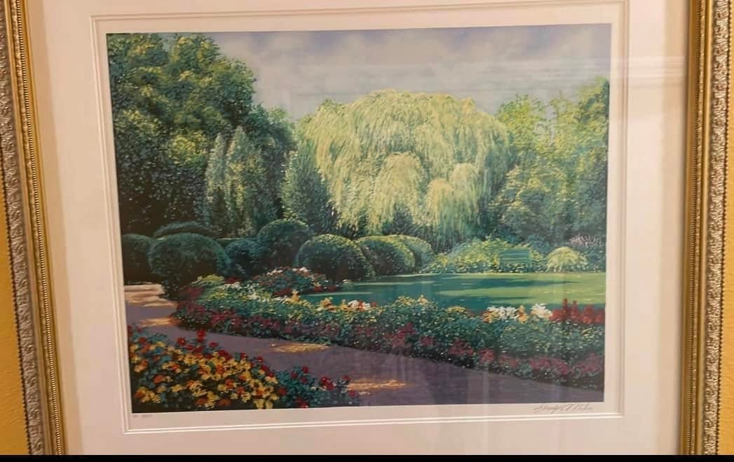 Wendy Schafer Miles "Sun on the Willows": Wendy Schafer Miles "Sun on the Willows" 1999 17 1/2" x 22 1/2" image size Serigraph in color on woven paper Signed in pencil and annotated "HC' Gallery matted and framed LE