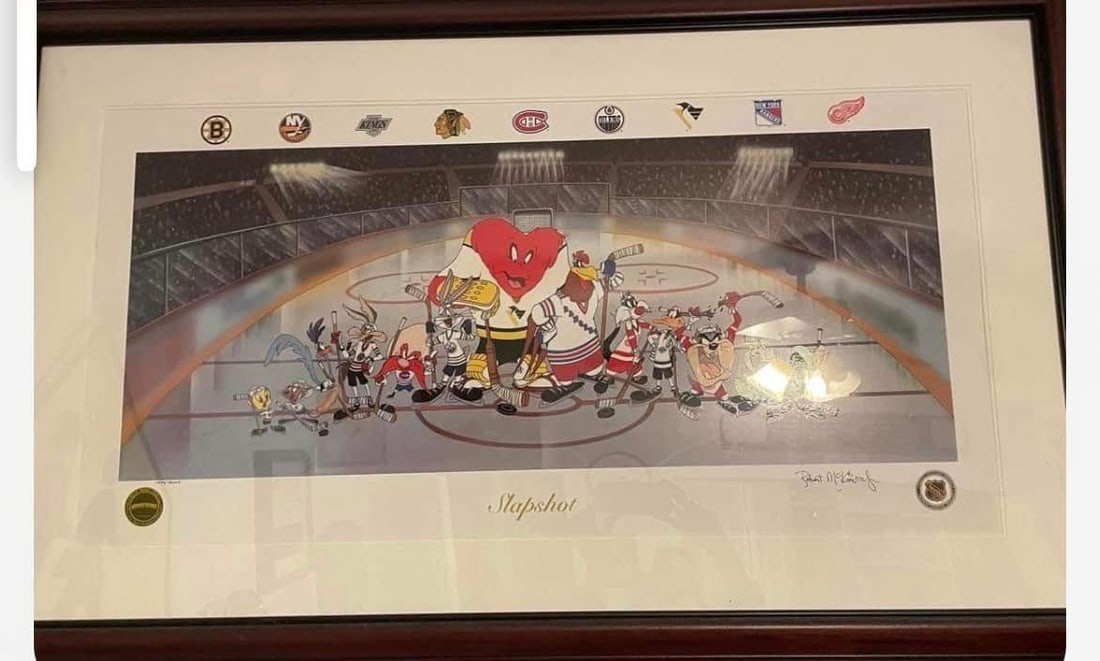 McKimson Productions Inc. "Slapshot": McKimson Productions Inc. "Slapshot" 18 1/2" x 36 1/2" image size Seriolithograph in color on paper Signed in ink by Robert McKimson Featuring the 13 players who have scored 500 Or more goals in their