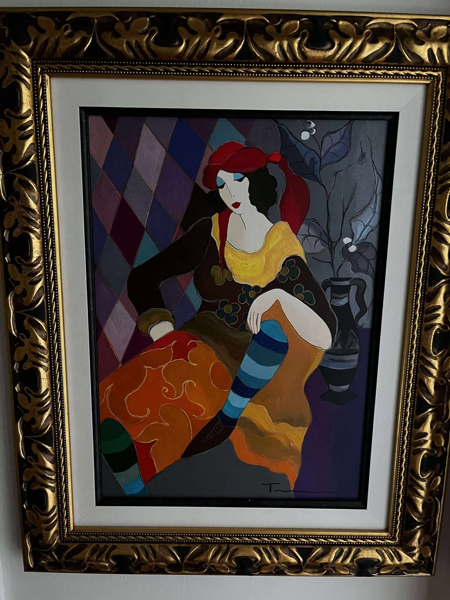 Itzchak Tarkay "Gitana": Itzachak Tarkay "Gitana" 2011 17 7/16" x 12 9/16" image size Serigraph in color on canvas. Signed in ink lower right. Gallery framed, COA, Appraisal. DS