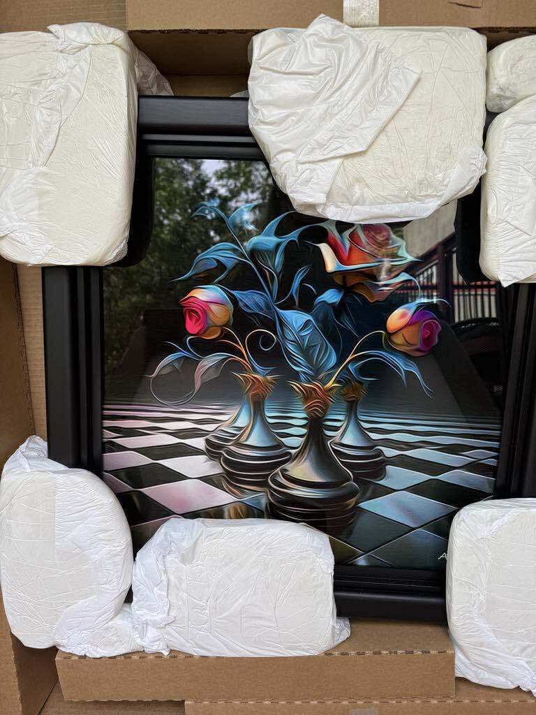 OZ "Chess and Roses/Life is a Tornado/ Love Life": OZ "Chess and Roses/ Life is a Tornado/ Love Life" 2023 20" x 20" image size Dye sublimation on alumimum. Hand-engraved signature by the artist Gallery framed, COA, Appraisal, BA