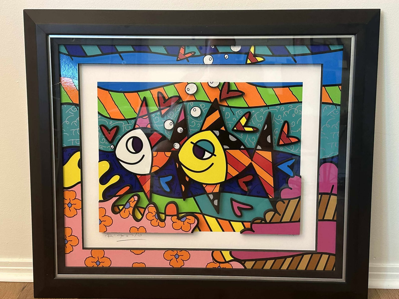 Romero Britto "Follow Me Baby": Romero Britto "Follow Me Baby" 2015 22 3/4" x 27 3/4" image size Gallery framed, COA, Appraisal, SG