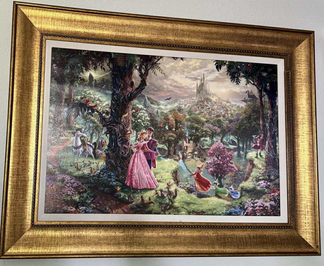 Thomas Kinkade Sleeping Beauty: Thomas Kinkade "Sleeping Beauty" Disney Dream Collection 2011 18" x 17" image size Giclee in color with acrylic embellishment on canvas. Signed with the artist's authorized signature applied through