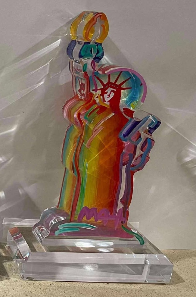 Peter Max Statue of Liberty ver III num 449 statue: Peter Max "Statue of Liberty Ver. III # 449" 2017 15" x 7 7/8" Acrylic sculpture hand painted in the Peter Max Studio. Hand-signed in pigment lower center by the artist. A Unique work. COA, Appraisal.