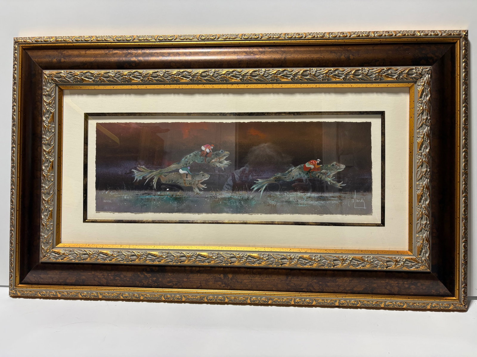 Benard Louedin La Course Hippique: Benard Louedin "La Course Hippique" 2021 7" x 21 1/4" image size Giclee in color on paper. Hand-signed by the artist. Gallery framed, COA, Appraisal, SEK