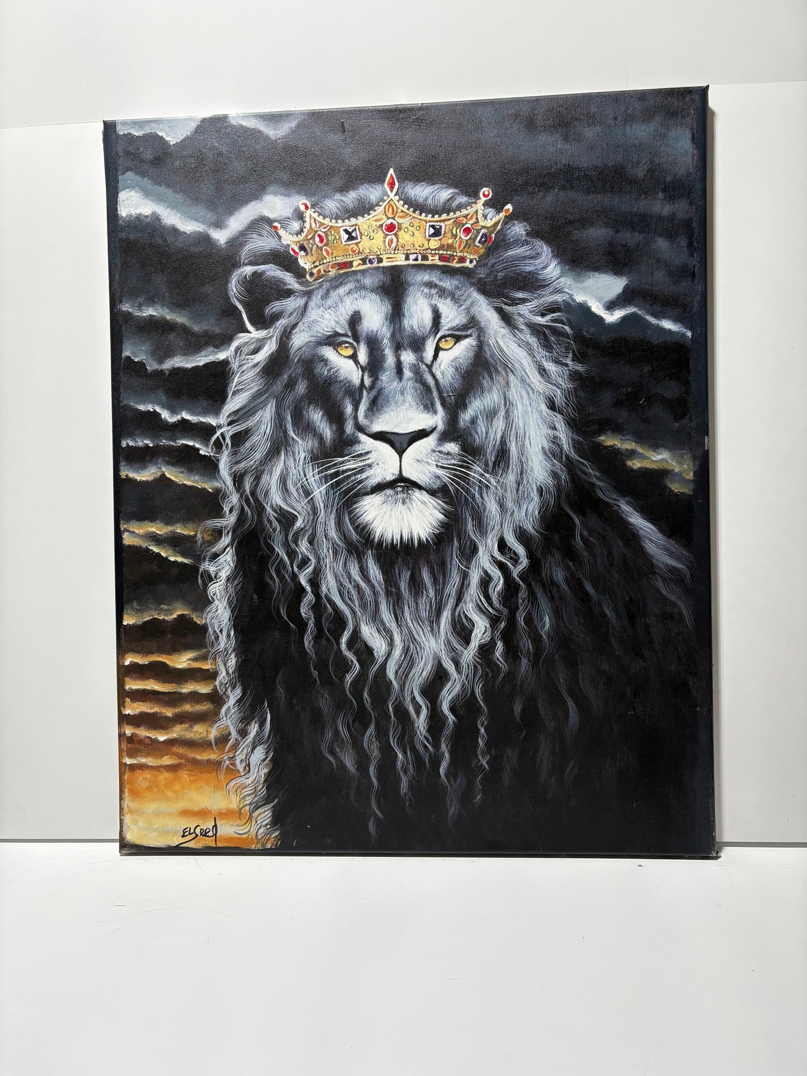 Elseed B&W Lion: Elseed Black Lion with Crown Sketched, not framed, no paperwork 24" x 30" image size, Acrylic oil painting