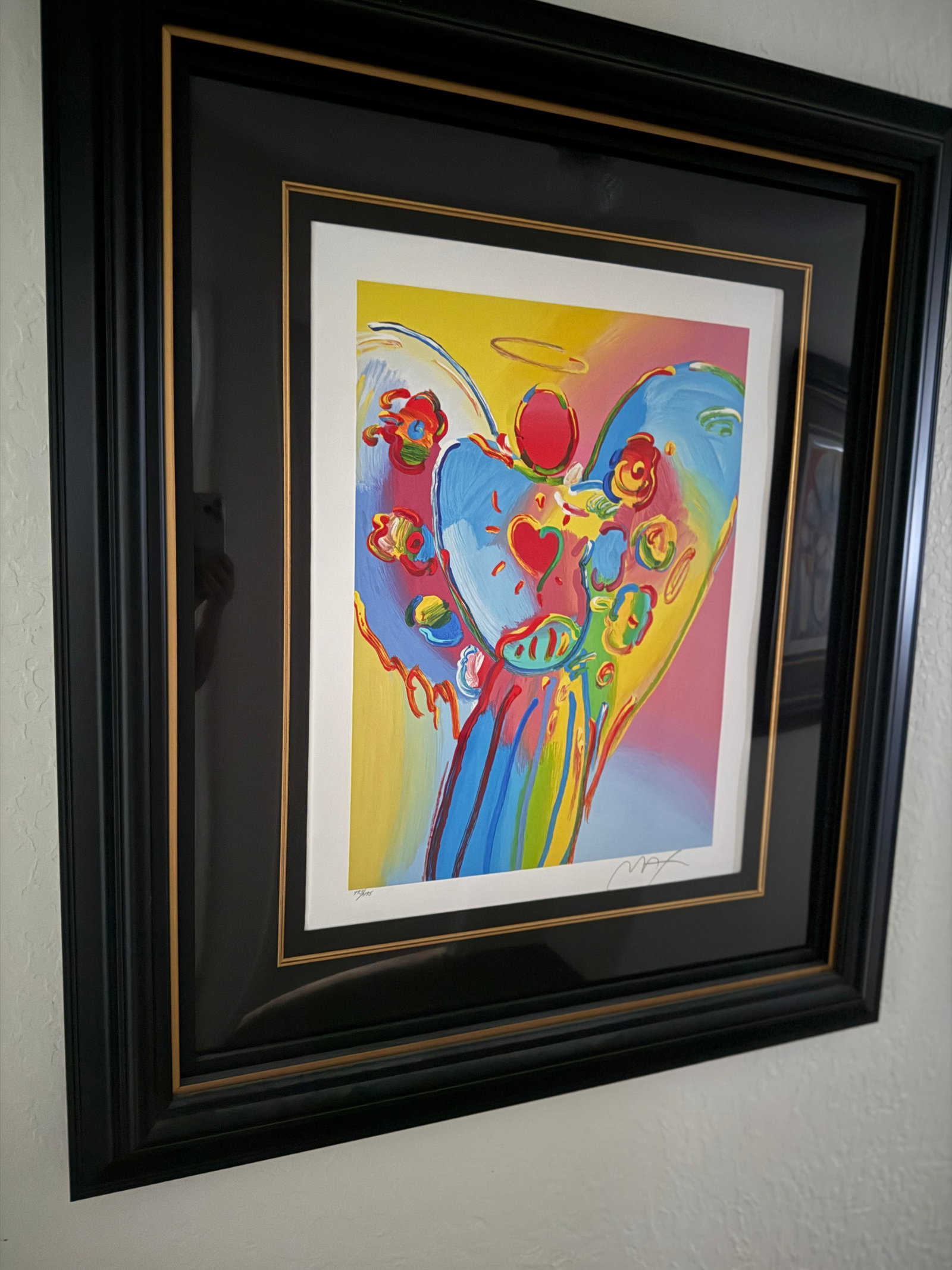 Peter Max Angel with Heart: Peter Max "Angel with Heart" 2015 21 3/4" x 16 1/8" image size serigraph in color on wove paper. Hand-signed by the artist in pencil lower right margin and numbered in Arabic lower left. Gallery frame