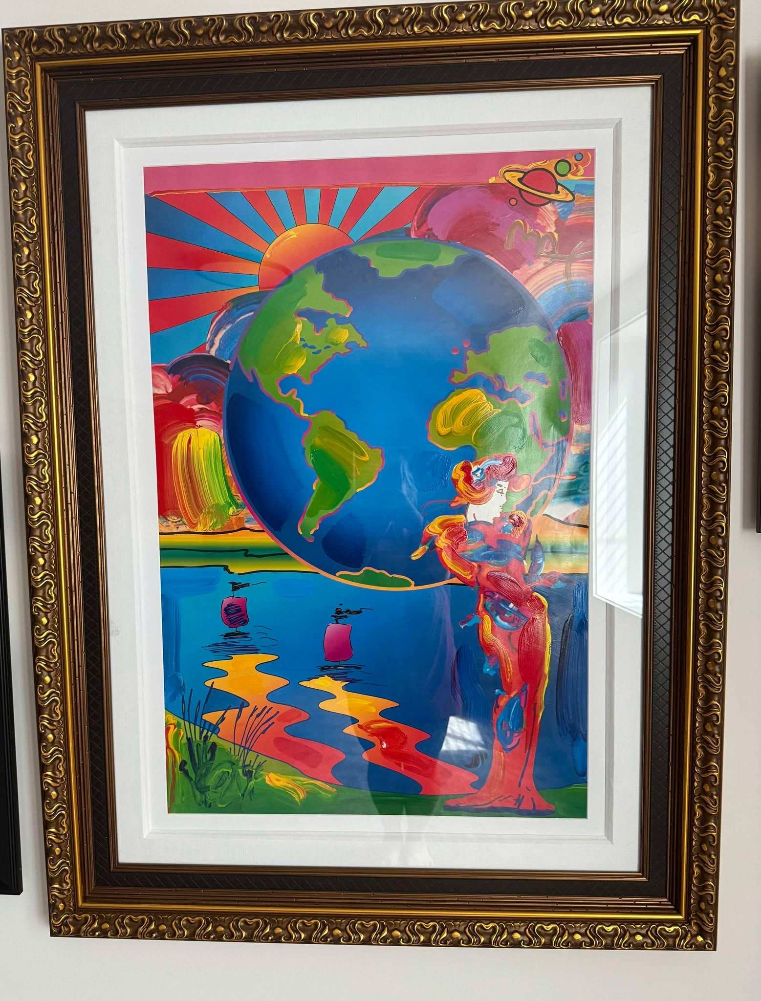 Peter Max Earth Day 95: Peter Max "Earth Day 95" 36" x 24" image size Mixed media painting with acrylic and color lithography on paper from the Peter Max Studio. Signed in acrylic. A unique variation from the artist's studio