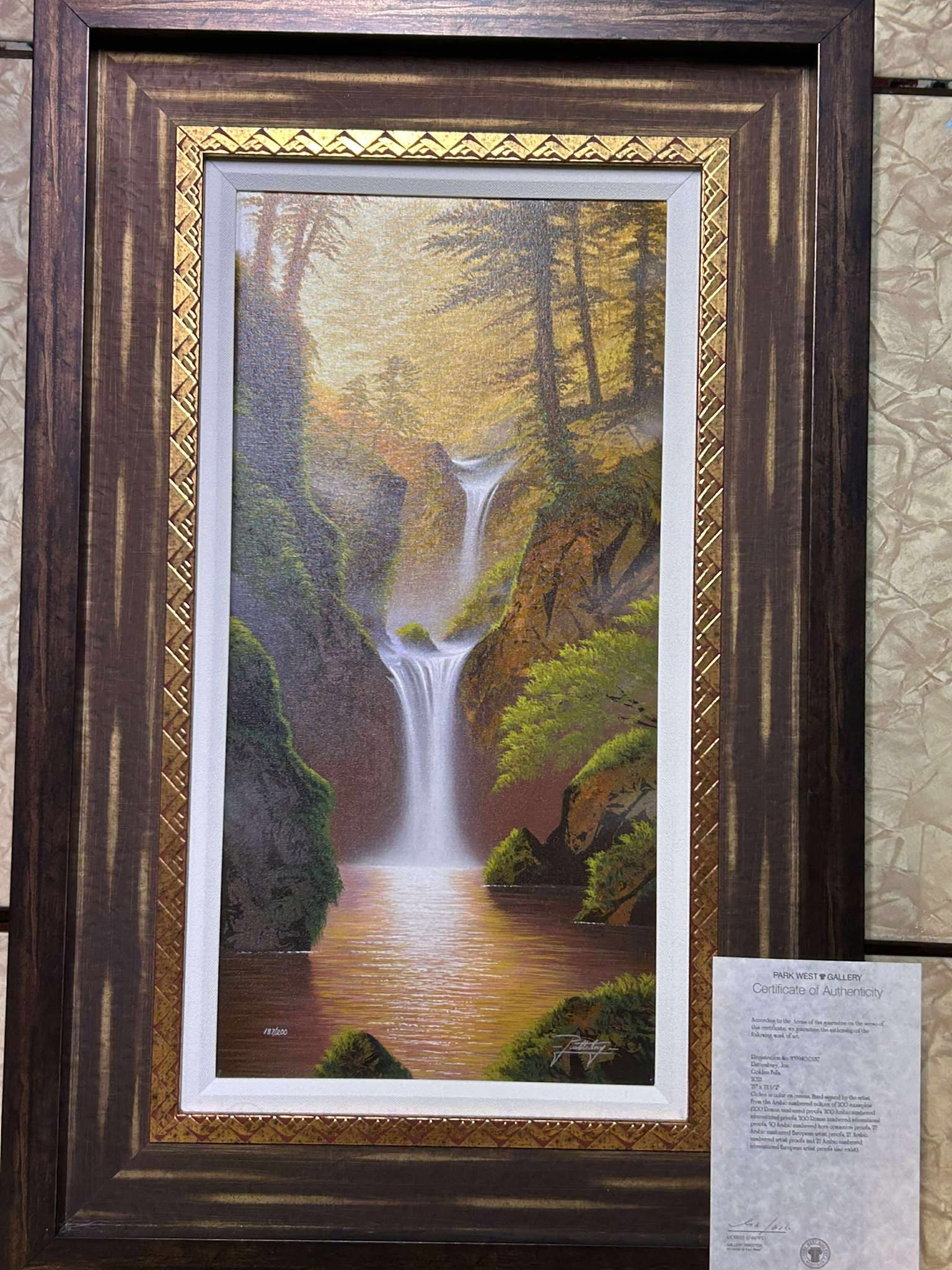 Jon Rattenbury Golden Falls: Jon Rattenbury "Golden Falls" 2021 25" x 12 1/2" image size Giclee in color on canvas. Hand-signed by the artist. Gallery framed, COA. CR