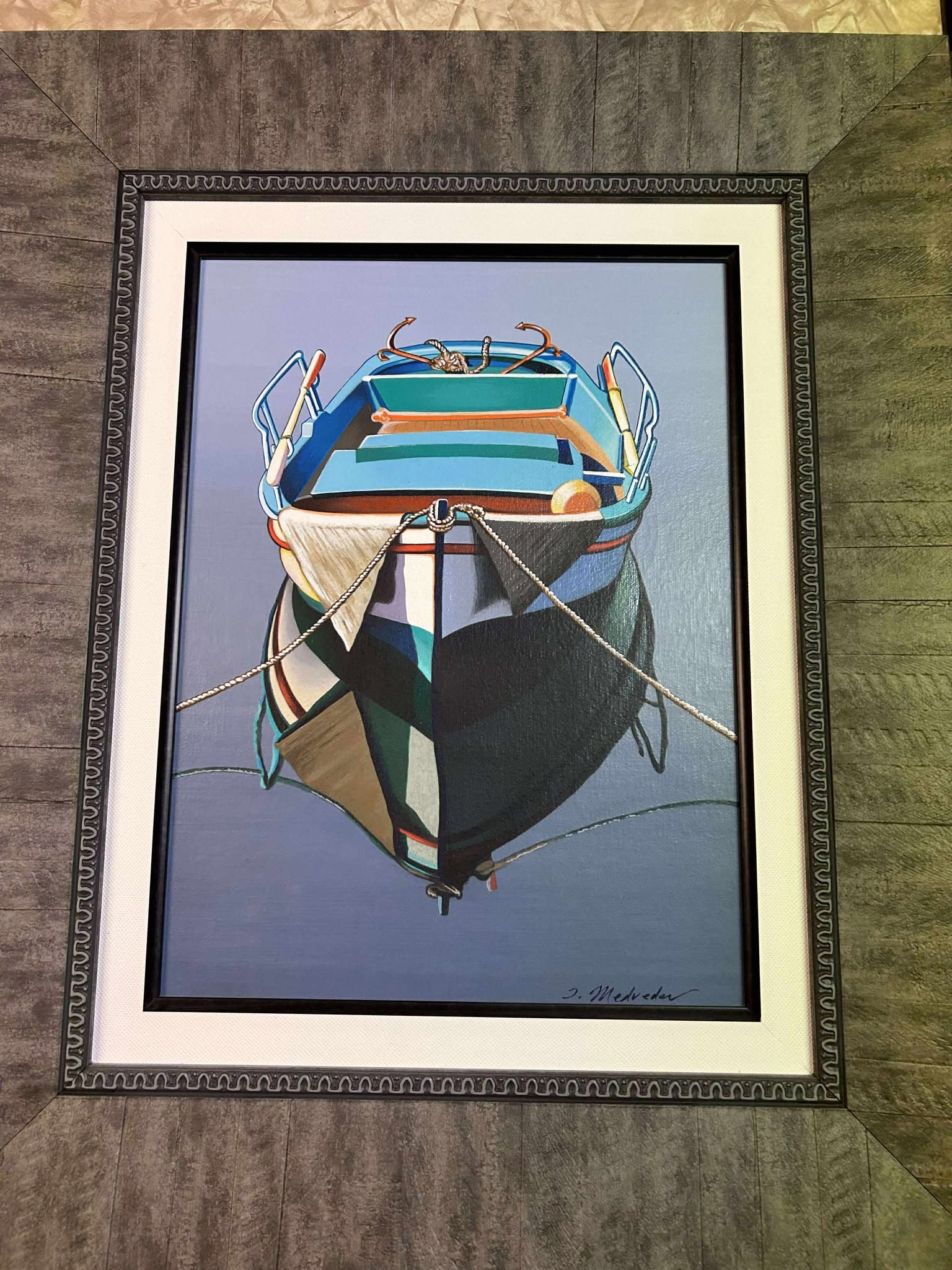 Igor Medvedev Becalmed: Igor Medveded "Becalmed" 2001 16 3/4" x 12 1/2" image size serigraph in color on canvas. Signed in ink, numbered on verso. Gallery framed, COA, CR