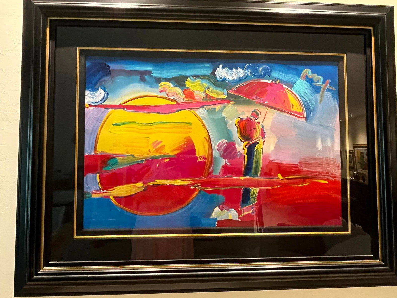 Peter Max New Moon II Unique: Peter Max "New Moon II" 2006 24" x 36" image size mixed media painting with acrylic and color lithography on paper. Signed in acrylic . A unique variation Gallery framed, COA, Appraisal. NR