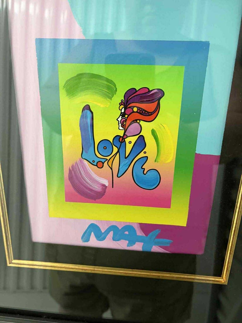Peter Max Love on Blends 2006: Peter Max "Love on Blends 2006" Loving Suite" 2006 10" x 8" image size Mixed media with acrylic painting and color lithography on paper. Hand-signed in acrylic by the artist. A unique variation. Galle