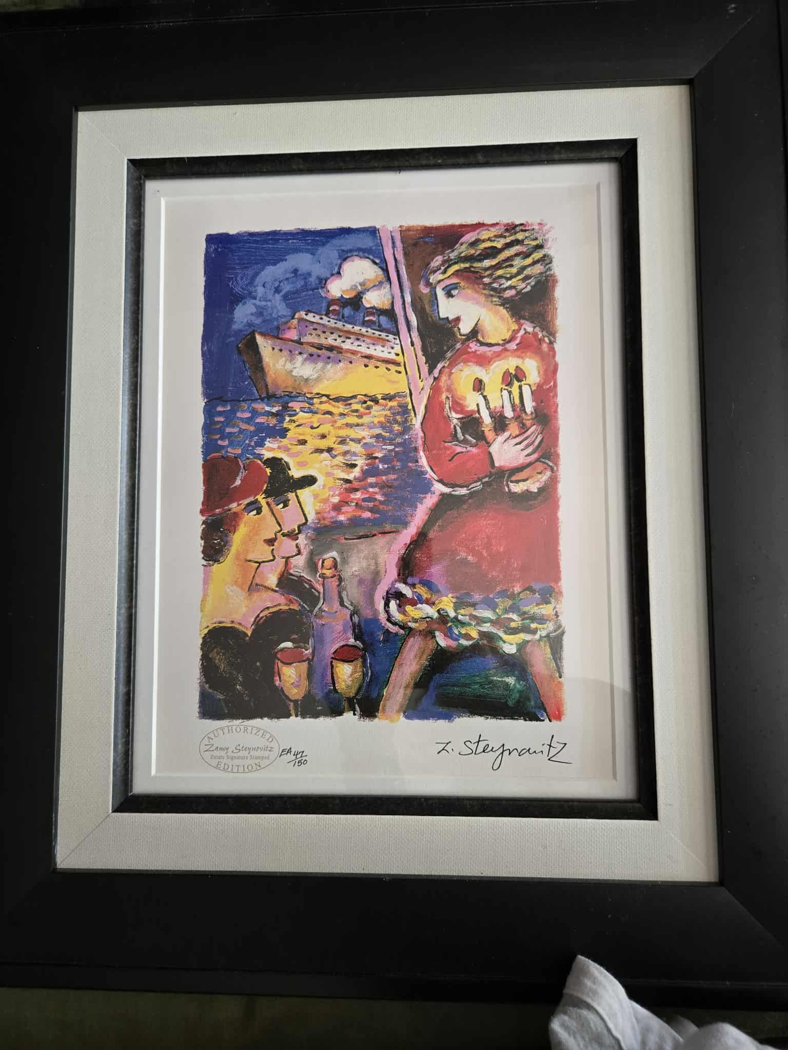 Zamy Steynovitz Portside: Zamy Steynovitz "Portside" 2005 9 3/4" x 7" image size Seriolithograph in color on archival paper. Signed with the estate signature lower right. Steynovitz estate authorization gold seal lower left.