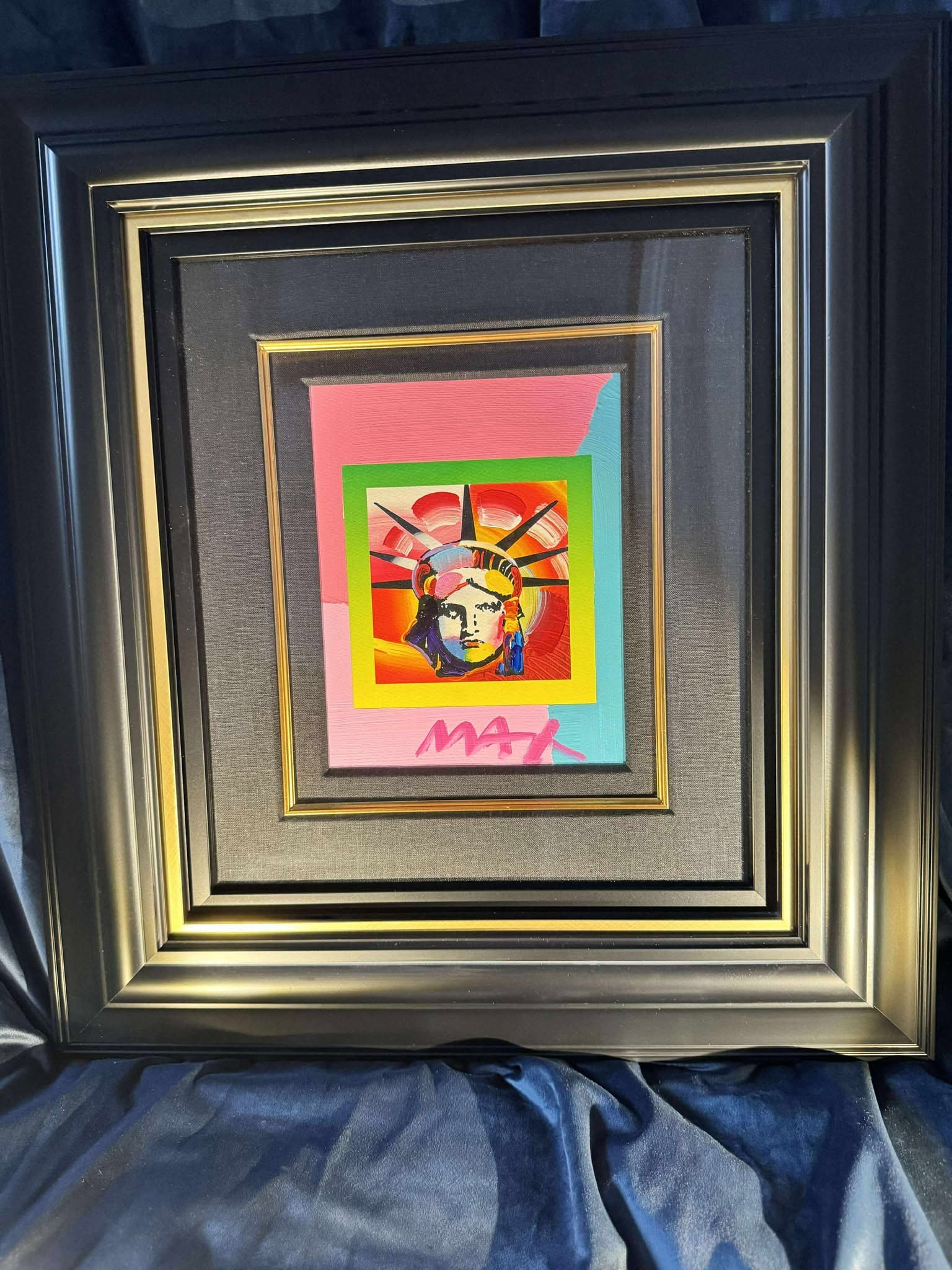 Peter Max Liberty Head II on Blends: Peter Max "Liberty Head II on Blends" 2006 10" x 8" image size Mixed media with acrylic painting and color lithography on paper from the peter max studio. Hand-signed in acrylic by the artist. A
