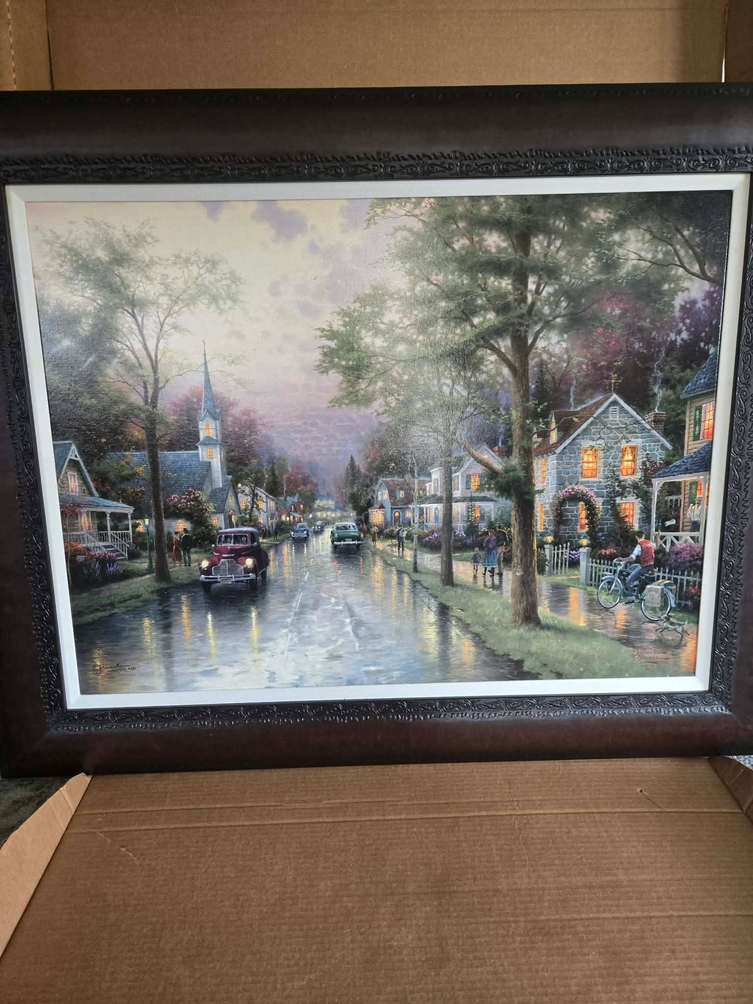 Thomas Kinkade Hometown Morning: Thomas Kinkade "Hometown Morning" 2000 25 1/2" x 34" Image size offset lithograph in color on premium paper. Signed with the artist's DNA matrix signature authentification system and numbered.