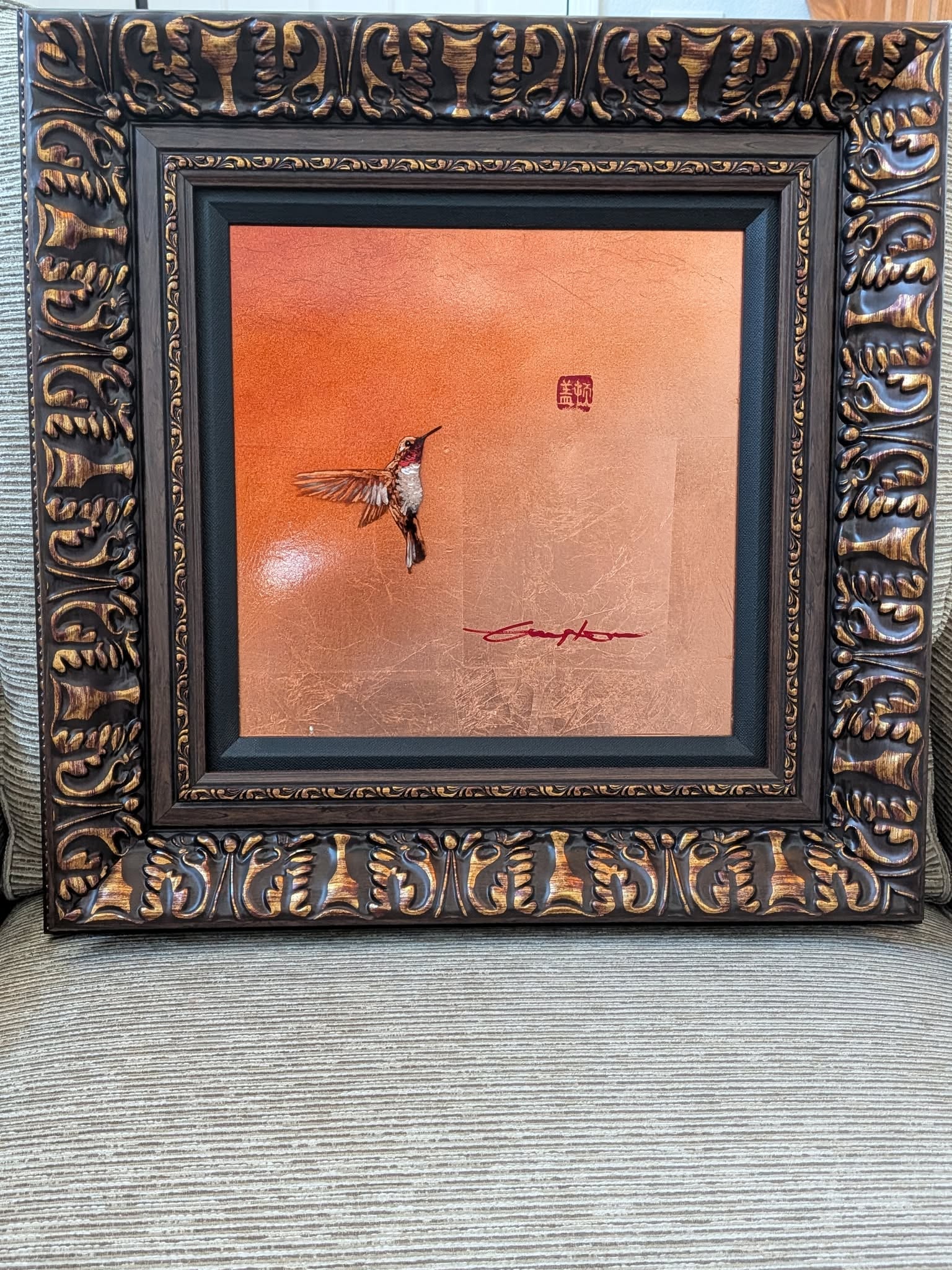 Patrick Guyton Peanut w/ red chop: Parrick Guyton "Peanut w/ red Chop" 2016 12" x 12" image size Mixed media on aluminum with sized copper leaf, veined by hand. Hand-signed in pigment lower right by the artist. A Unique work. Gallery