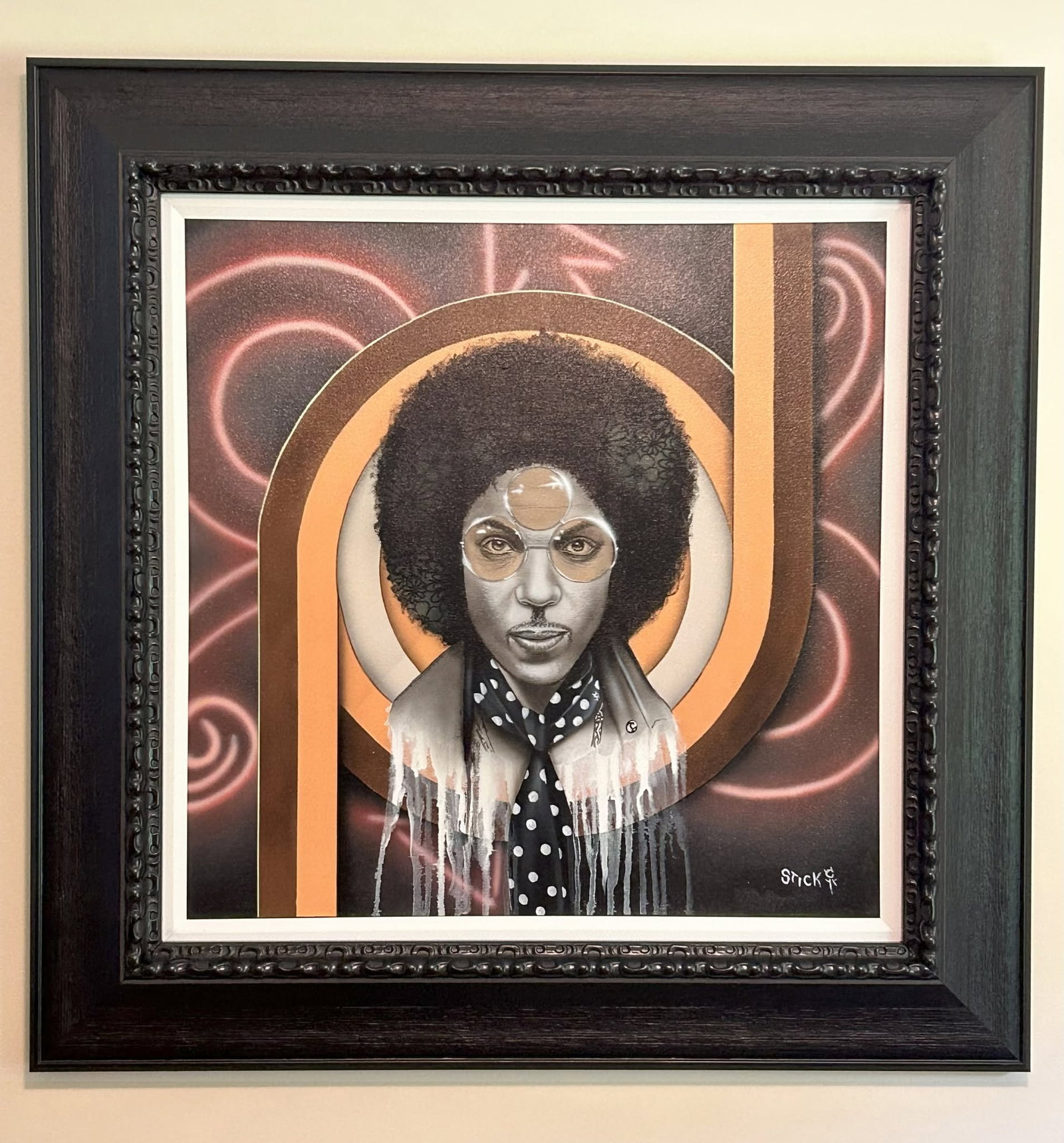 Trevor Stickel (Stickman) Thank You For a Funky Time: Trevor Stickel (Stickman) "Thank You For a Funky Time" 2025 24" x 24" image size Acrylic painting on canvas. Hand signed in pigment by the artist lower right. A unique work. Gallery framed, COA,