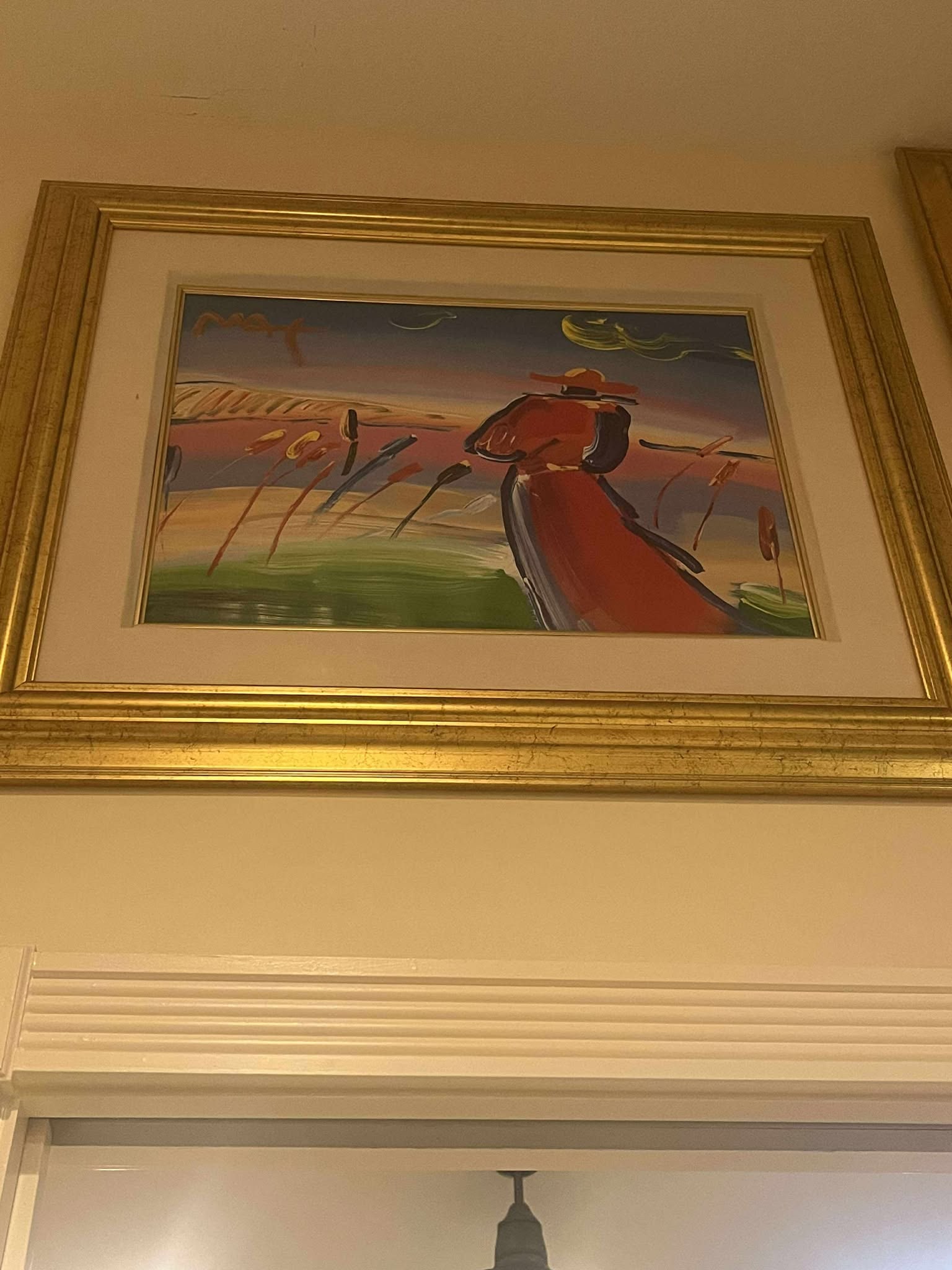 Peter Max Walking In Reeds: Peter Max (Walking in Reeds) 17 1/4 " x 24". Mixed media painting with acrylic and color lithography on paper. Signed in acrylic. A unique variation. Gallery Framed. COA. Appraisal.