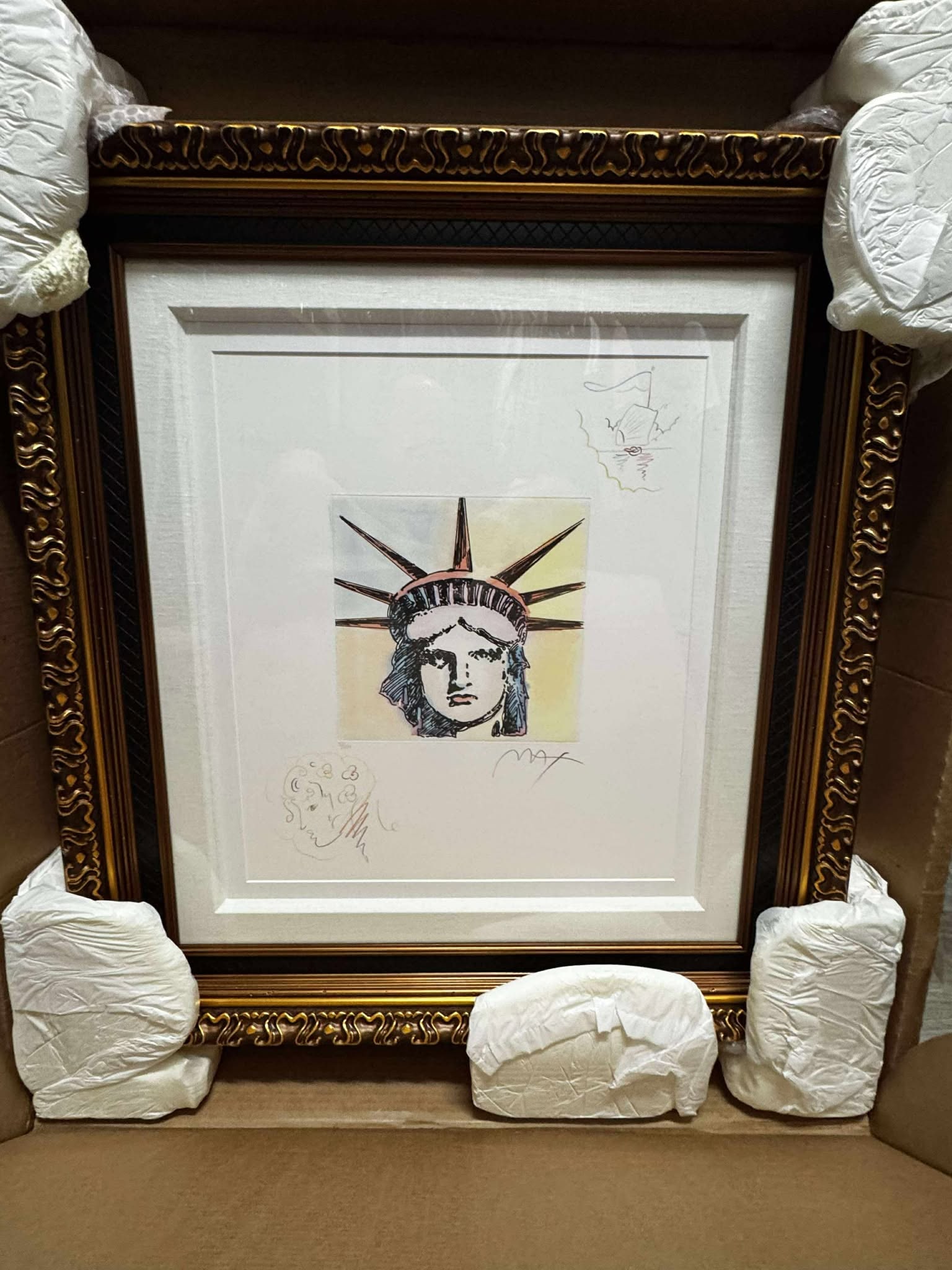 Peter Max Liberty Head Classic Suite: Peter Max "Liberty Head" Classic Suite 2015 11 1/4" x 9" image size Etching with hand-coloring and unique hand-drawn colored pencil remarques of a profile and sailboat on wove paper from the peter