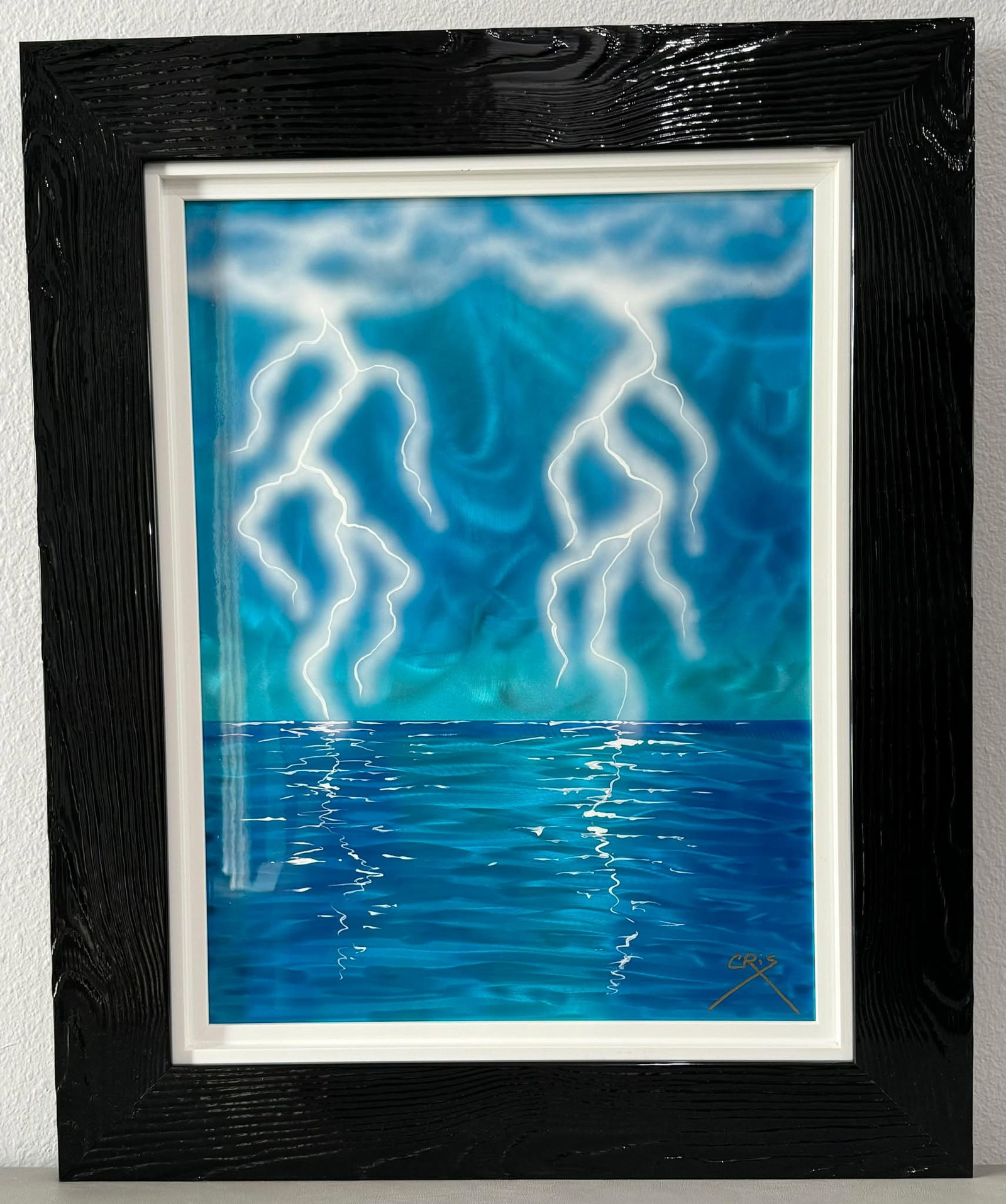 Cris X Strike II: Cris X "Strike II" 2023 24" x 18" image size Candy-color paint, urethane and enamel on a brushed metal surface. Hand-signed in pigment lower right by the artist. Gallery framed, COA, Appraisal. MM