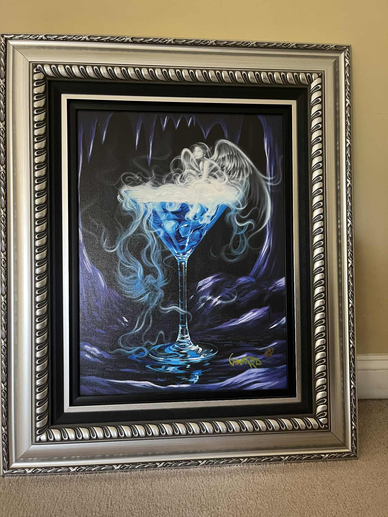 Michael Godard Martini for Angels: Michael Godard "Martini for Angels" 2021 22 1/2" x 16 3/4" image size Giclee in color with hand-embellishment on canvas. Hand-signed in ink lower right by the artist. Gallery framed, COA, appraisal JG