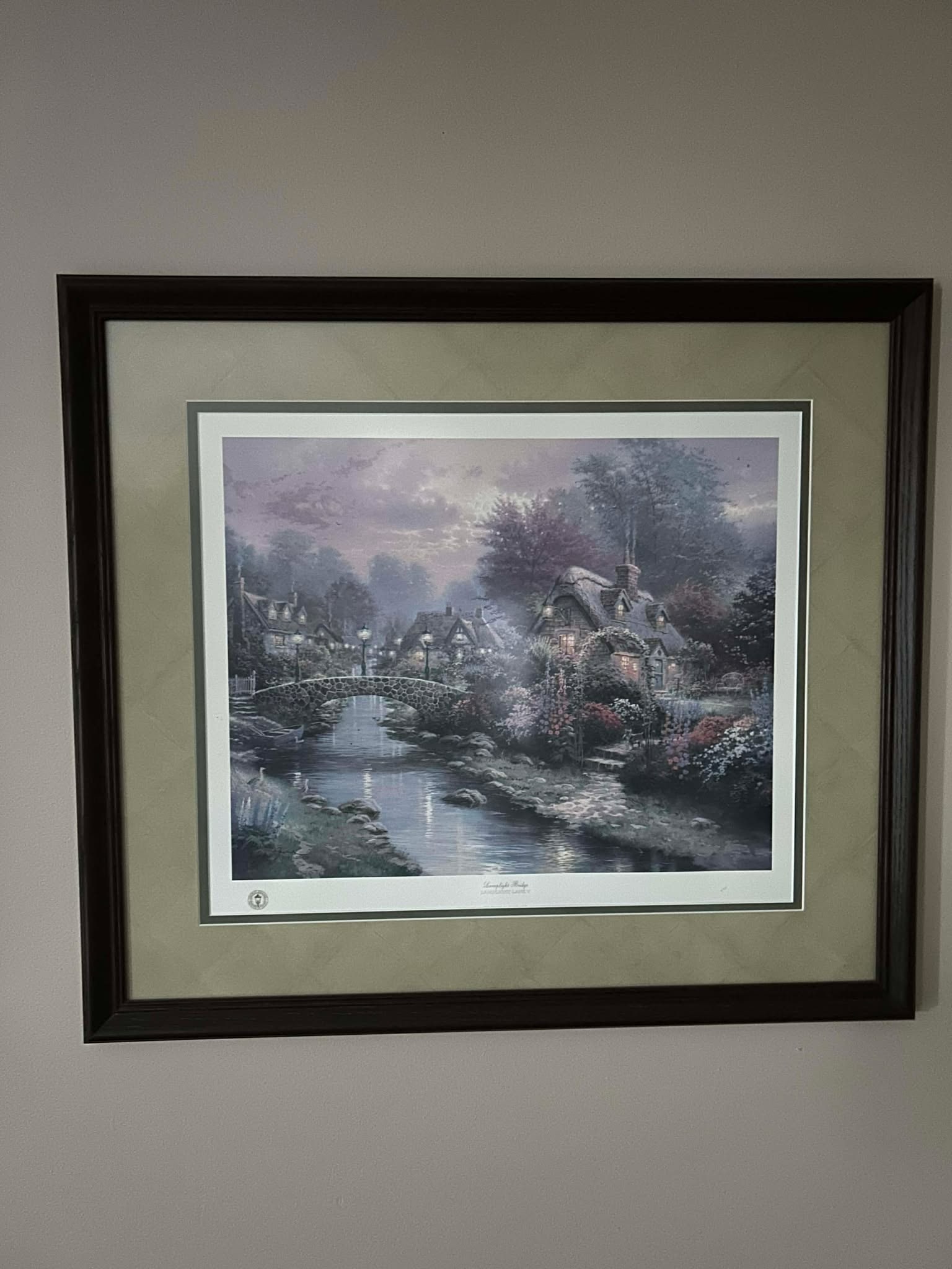 Thomas Kinkade Lamplight bridge: Thomas Kincade "Lamplight Bridge" 16" x 20" offset lithograph in color on premium paper. Signed with the artists DNA matrix signature authentication system and numbered. Gallery Framed. COA.