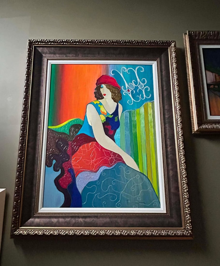 Itzchak Tarkay Colorful Pose: Itzchak Tarkay "Colorful Pose" 37 3/8" x 27 1/4" Serigraph in color with hand embellishmennt on canvas. Hand signed in ink by the artist and numbered on verso. Gallery framed. COA, Appraisal. GB