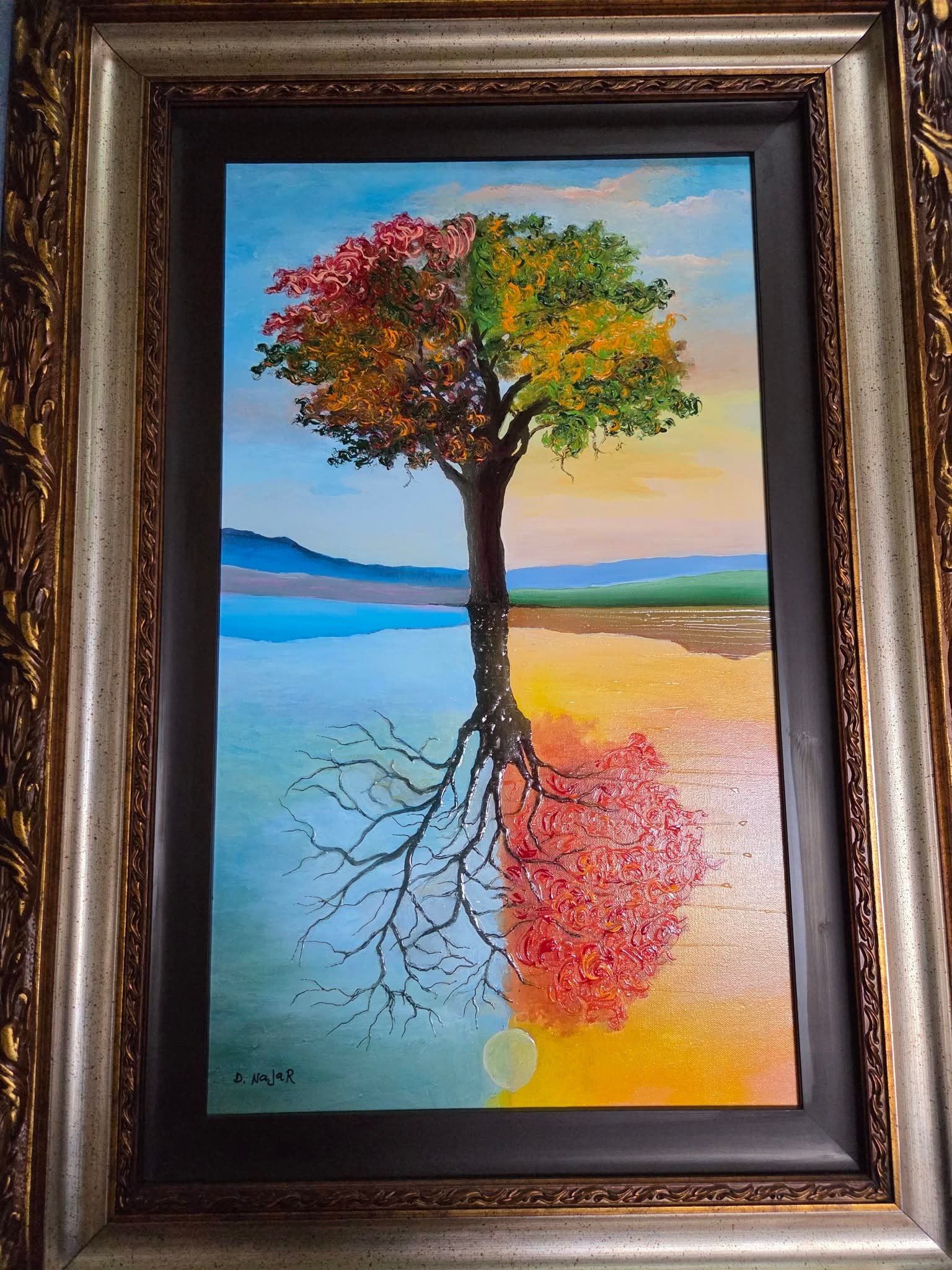David Najar Season Illusion: David Najar "Season Illusion" 28" x 16 1/2" image size. Gilcee with hand embellishment on canvas. Hand signed in ink lower left by the artist. Gallery Framed. COA Appraisal. NDR