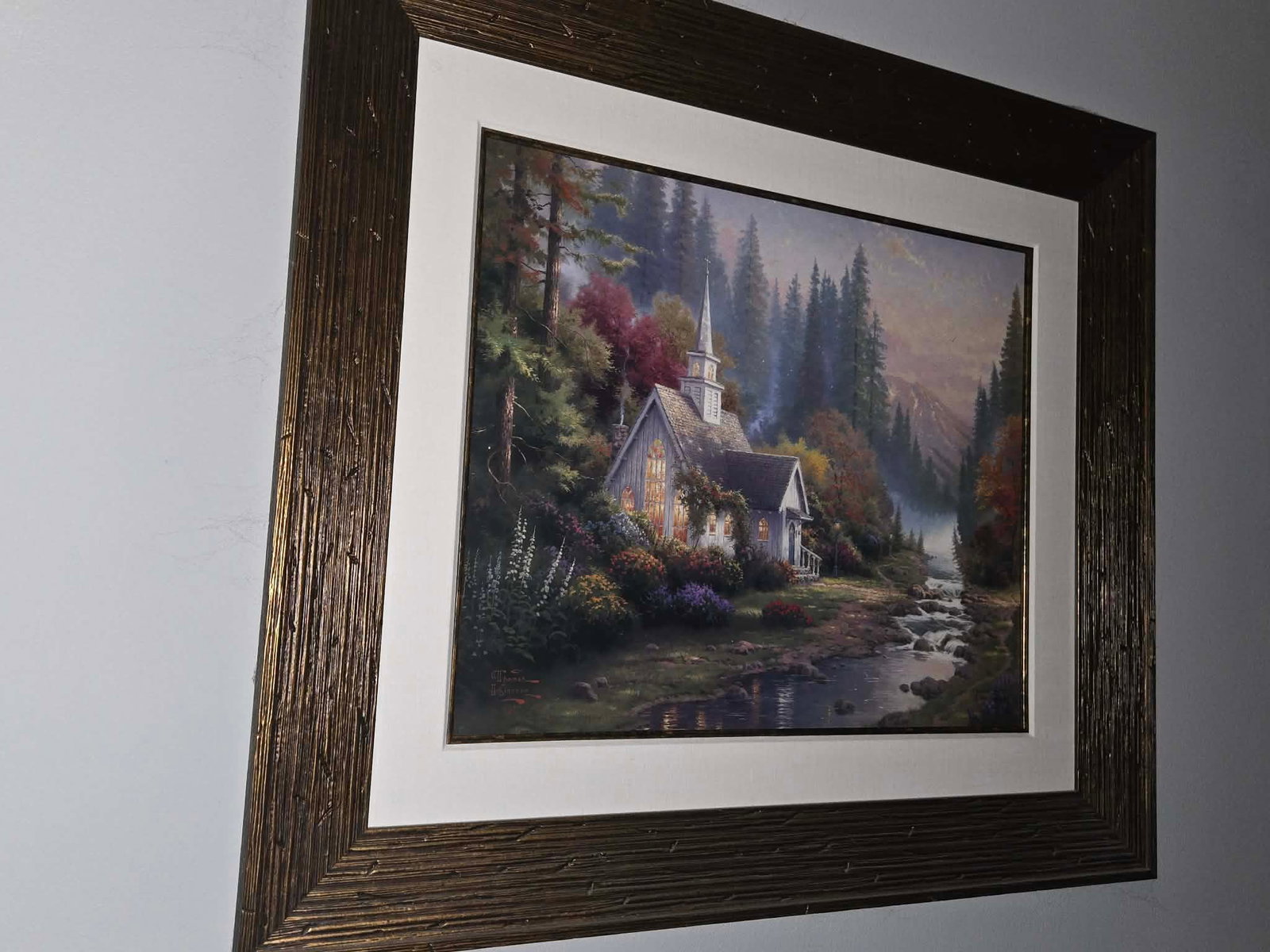 Thomas Kinkade Forest Chapel: Thomas Kinkade "Forest Chapel" 1999 20" x 24" image size offset lithograph in color on premium paper. Signed with the artist's DNA matrix signature authentification system and numbered. Gallery