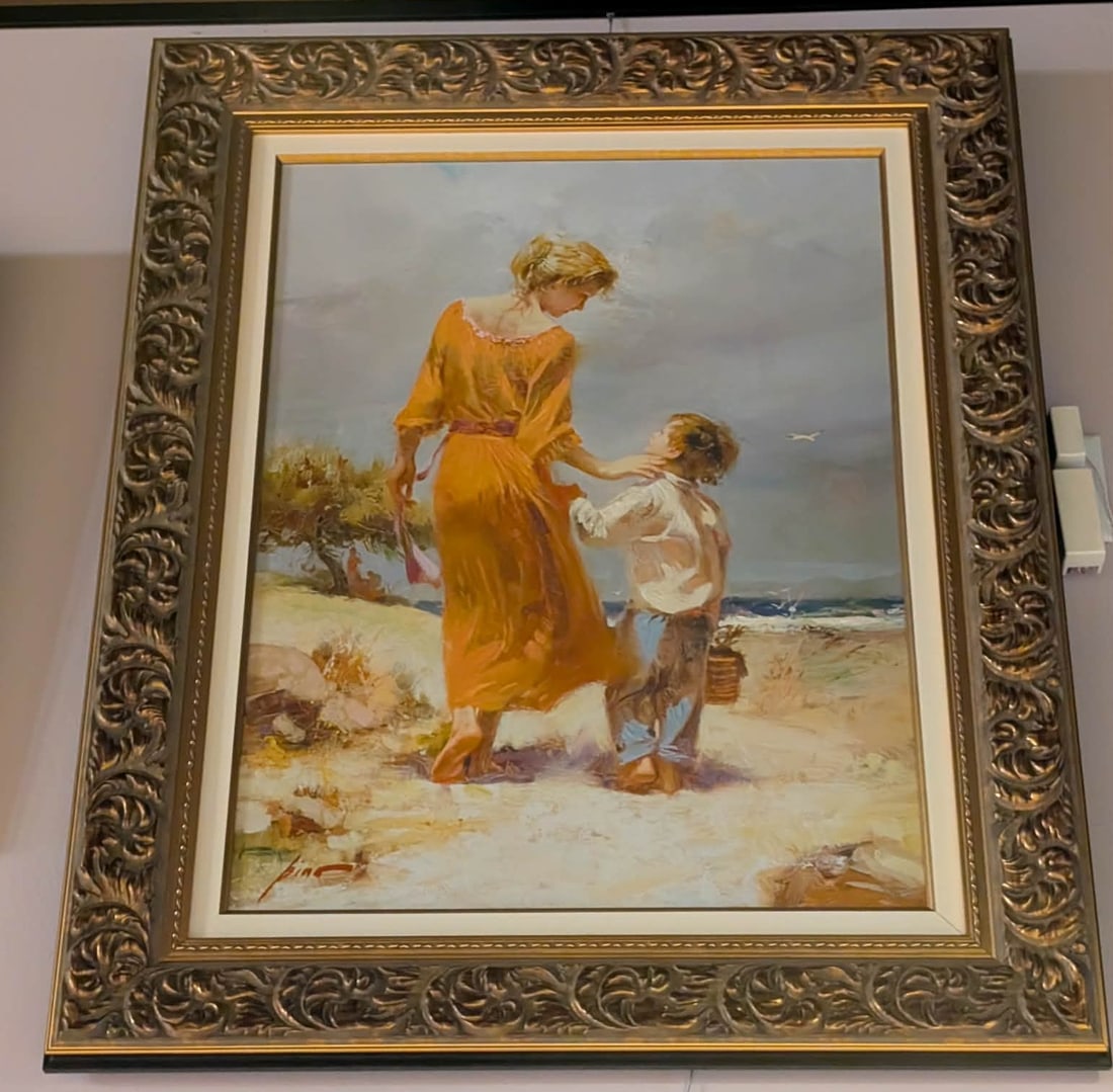 pino Breezy Day at the Beach: Pino "Breezy Day At The Beach" 2008. 32" x 24" image size. Giclee in color on canvas with hand embellishment. Hand signed in pigment by the artist. Gallery Framed. COA. Appraisal. SS