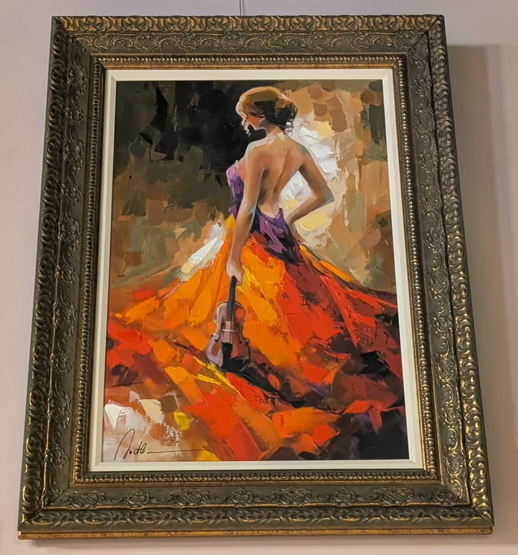 Anatoly Metlan After The Song: Antatoly Metlan "After the Song" 2019. 29 1/4" x 19 3/4" image size. Giclee in color with embellishment on canvas. Hand signed in pigment lower left by the artist. allery Framed. COA. Appraisal. SS