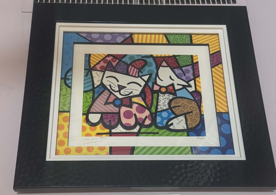 Romero Britto Happy Cat Snob Dog: Romero Britto "Happy Cat Snob Dog" 2020 18" x 21" image size Sculptograph (three dimensional multimedia construction) and serigraphy with archival ink and hand-applied diamond dust. Hand-signed in pen