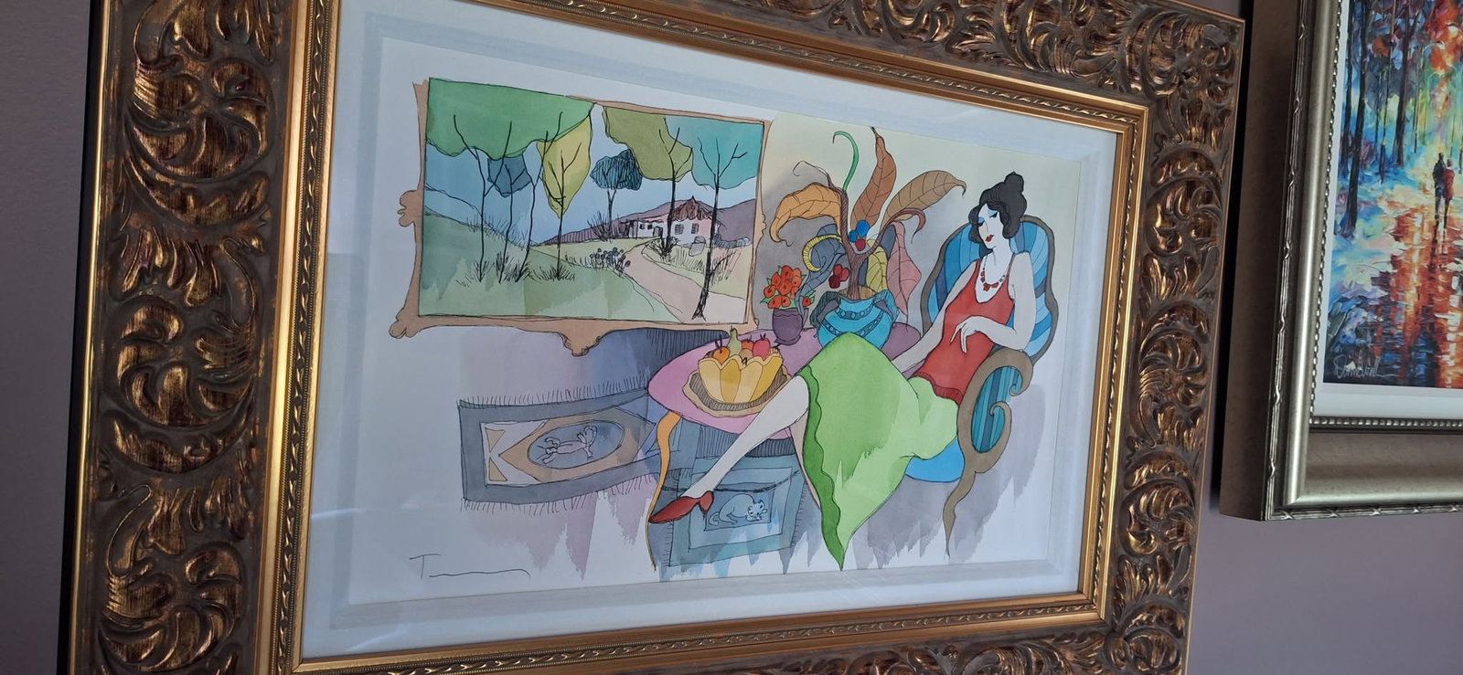 Itzchak Tarkay Reflection of Another Day Unique: Itzchak Tarkay "Reflections of Another Day" Unique 2006 14 1/8" x 22 1/2" image size Mixed media with watercolor on wove paper. Signed in ink lower left. A Unique work. Gallery framed, COA,