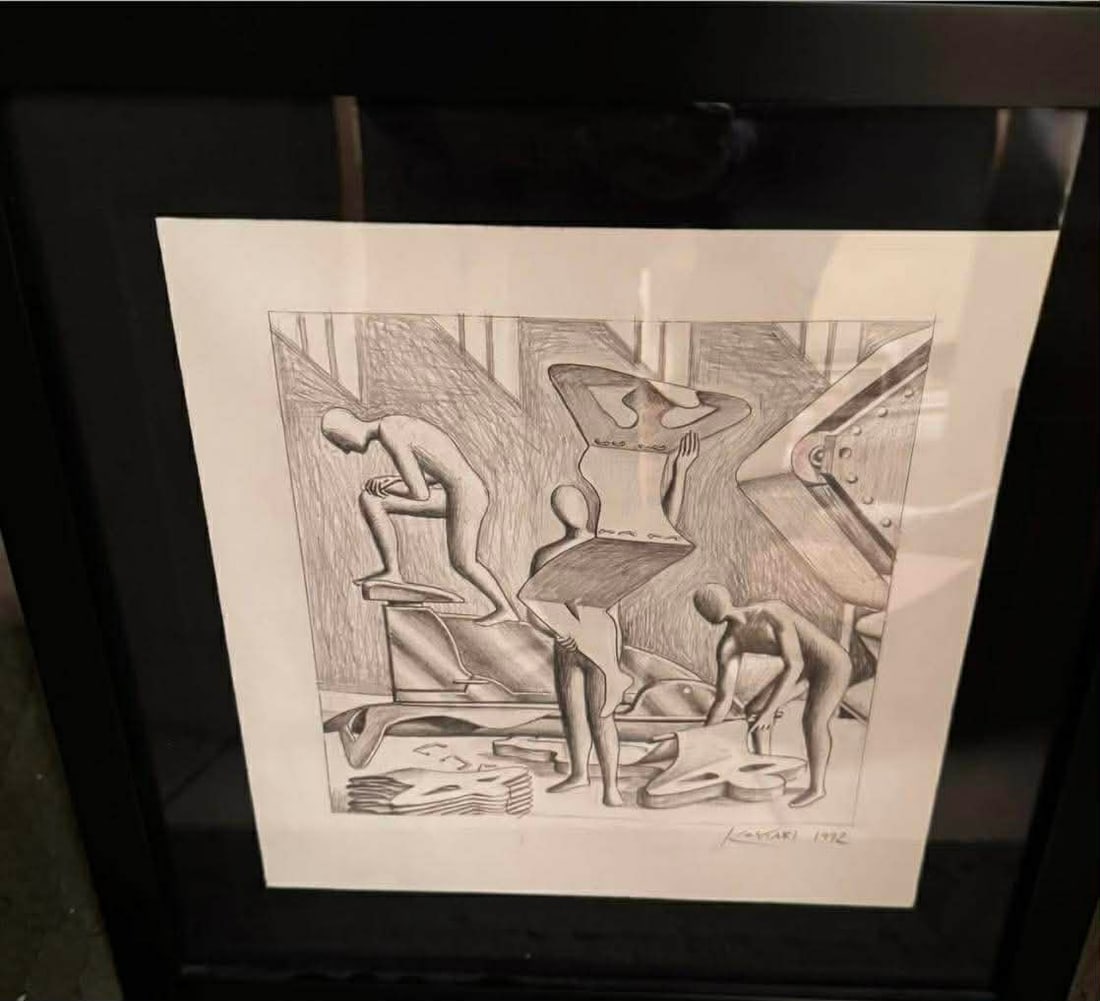 Mark Kostabi Stamp of Approval: Mark Kostabi "Stamp of Approval" 1992. 11 1/2" x 10 3/4" image size. Pencil drawing on paper. Hand signed in pigment lower right by the artist. Signed and titled on verso. A unique work. Gallery Frame