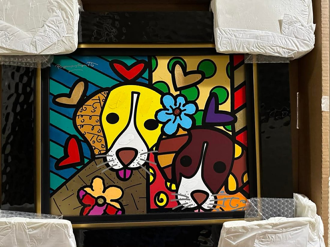 Romero Britto Duke and Grace Fantastic Always: Romero Britto "Duke and Grace Fantastic Always" 2017 16" x 20" image size Mixed-media with acrylic painting oil pen drawing, diamond dust, and giclee on canvas. Hand-signed in pigment lower right by t