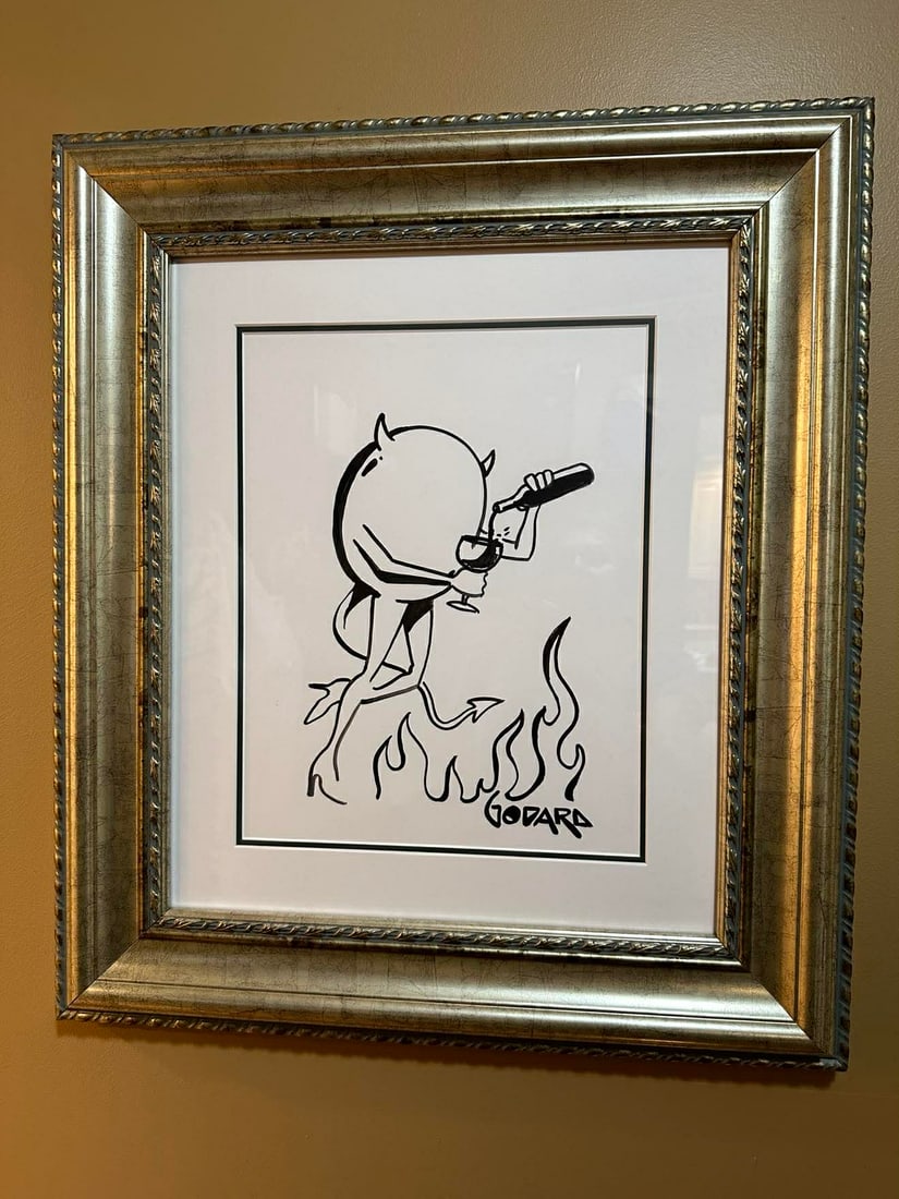 Michael Godard Devilish Wine: Michael Godard "Devilish Wine" 2016 14" x 11" image size Acrylic painting on paper. Hand-signed in pigment lower right by the artist. A Unique work. Gallery framed, COA, Appraisal. JC