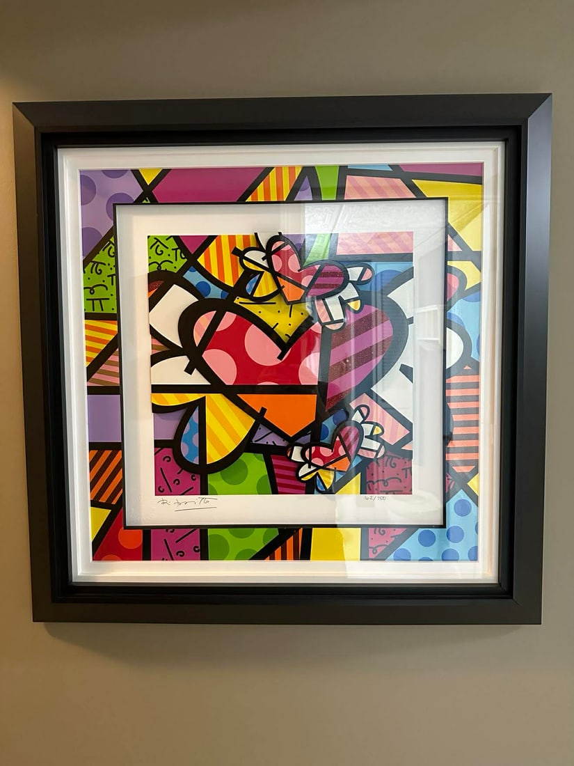 Romero Britto Soaring Hearts: Romero Britto "Soaring Hearts" 2017 22 5/8" x 22 5/8" image size Three dimensional serigraphy construction in color with cut-outs in serigraphy. Hand signed in pencil by the artist lower left. Gallery